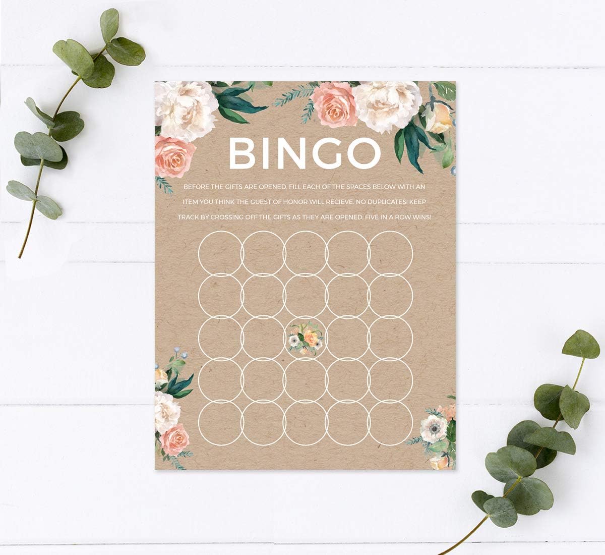 Andaz Press Peach Kraft Brown Rustic Floral Garden Party Baby Shower Collection, Baby Bingo Game Cards, 20-Pack, Games Activities and Decorations