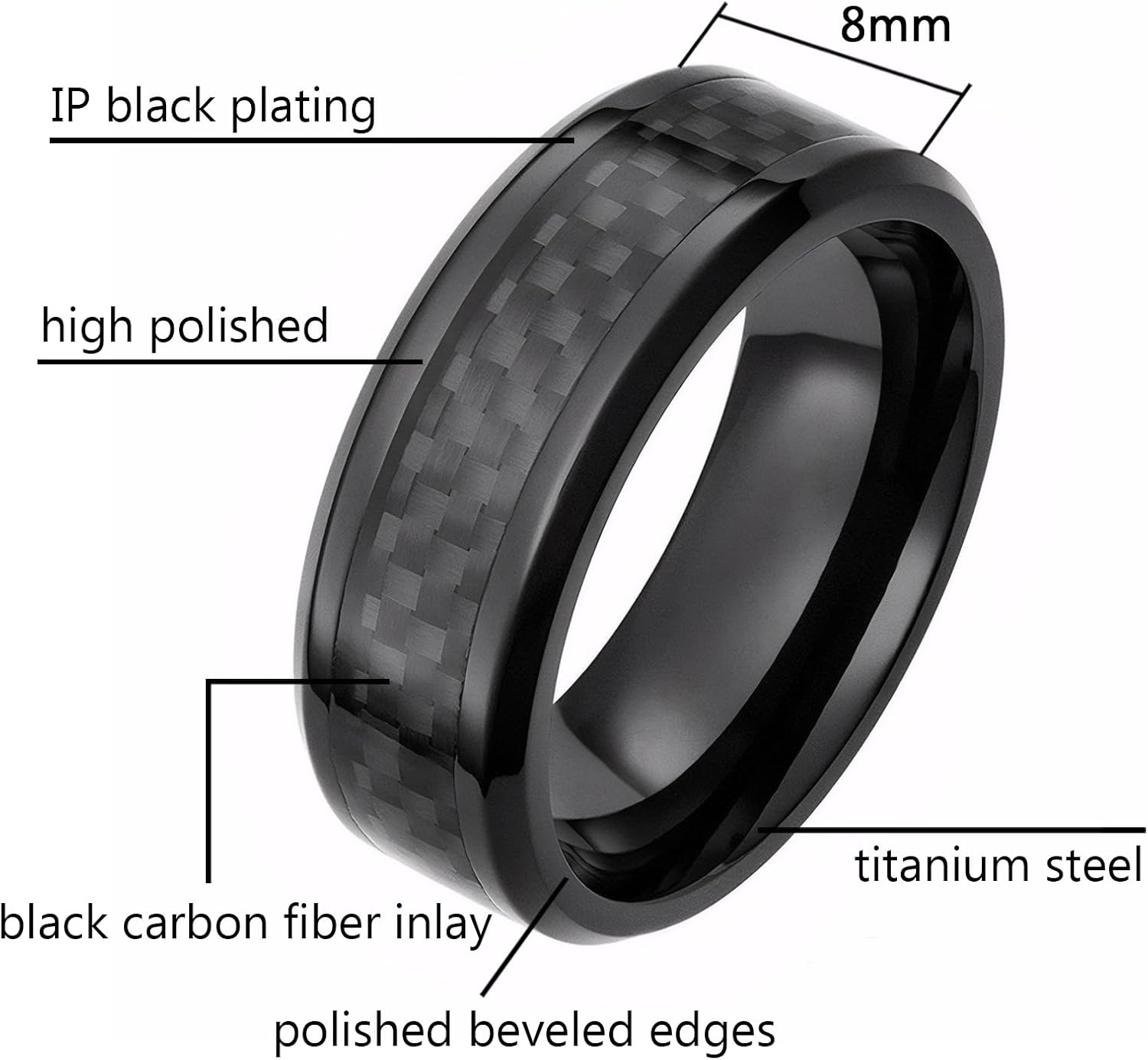 TTVOVO 8MM Black/Red/Green/Blue/Silver Carbon Fiber Inlay Carbide Ring Black Wedding Band Polished Finish Edges Men’s Ring Comfort Fit for Men Women