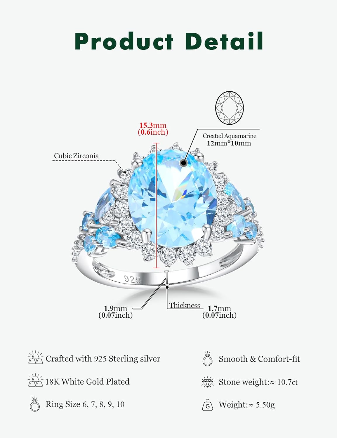 Big Oval Rings for Women Butterfly Promise Halo Ring Sterling Silver Created Sapphire/Ruby/Emerald/Aquamarine Cz Engagement Ring Birthstone Anniversary Jewelry Size 6-10