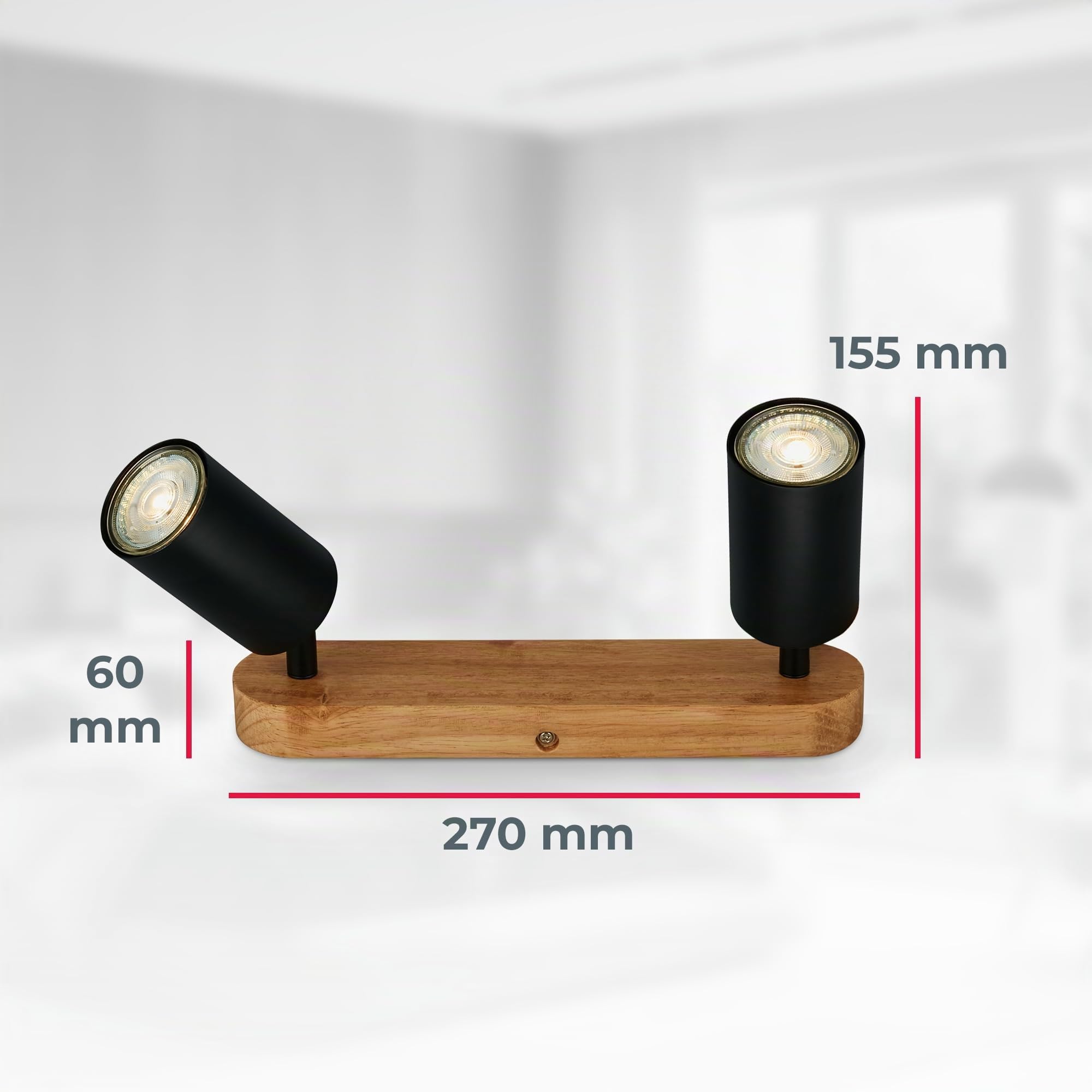 B.K.Licht - Lámpara vintage 2 luces, Base de Madera, Metal Negro, GU10 máx 2x9W, Ø90mm, Largo máx 150mm, Sin Bombillas, IP20, Iluminación Rústica