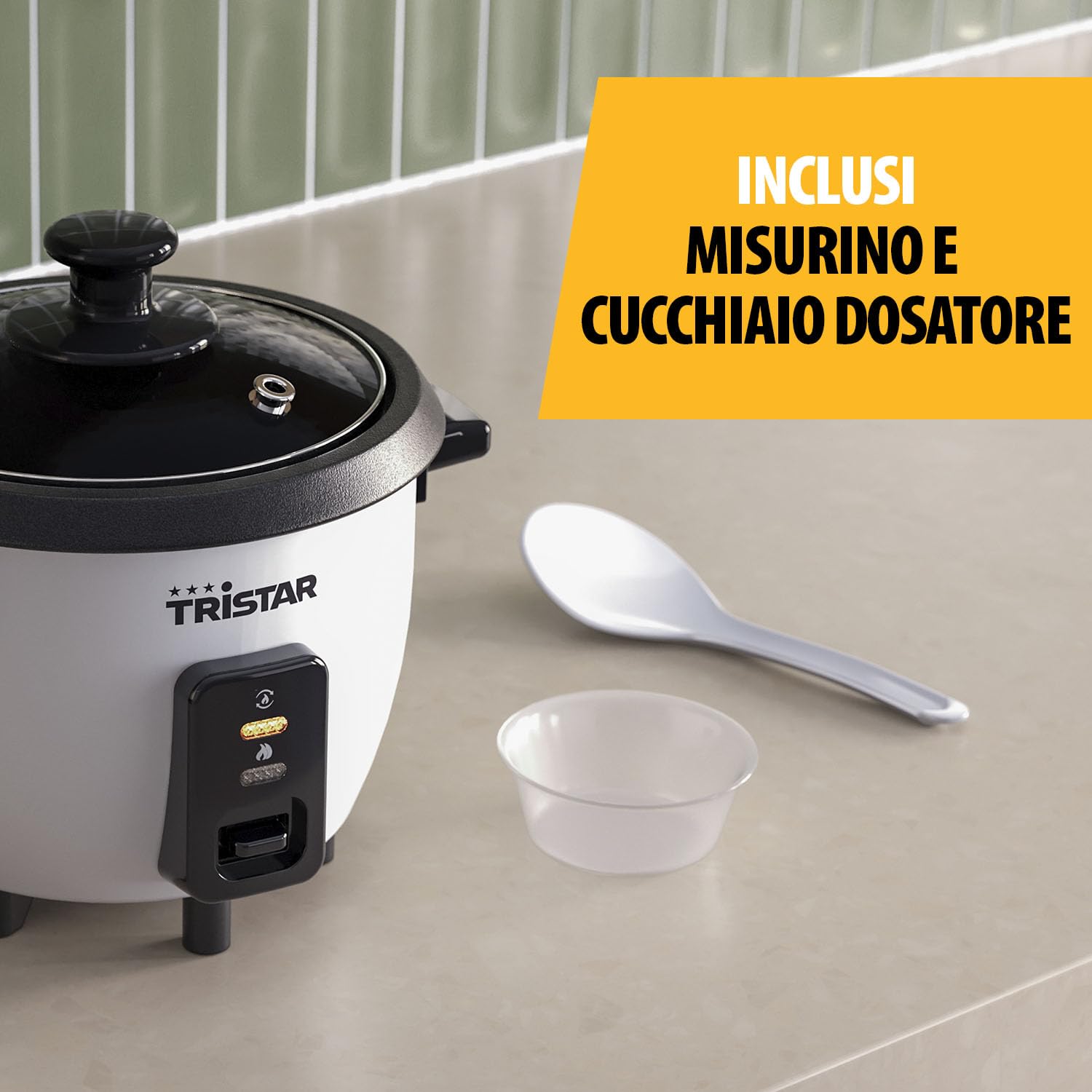 Tristar Cuociriso 0,6 L, Pentola Interna Antiaderente, Mantenimento in Caldo e Spegnimento Automatico, Design Compatto, Con Misurino e Cucchiaio, 300 W, RK-6142