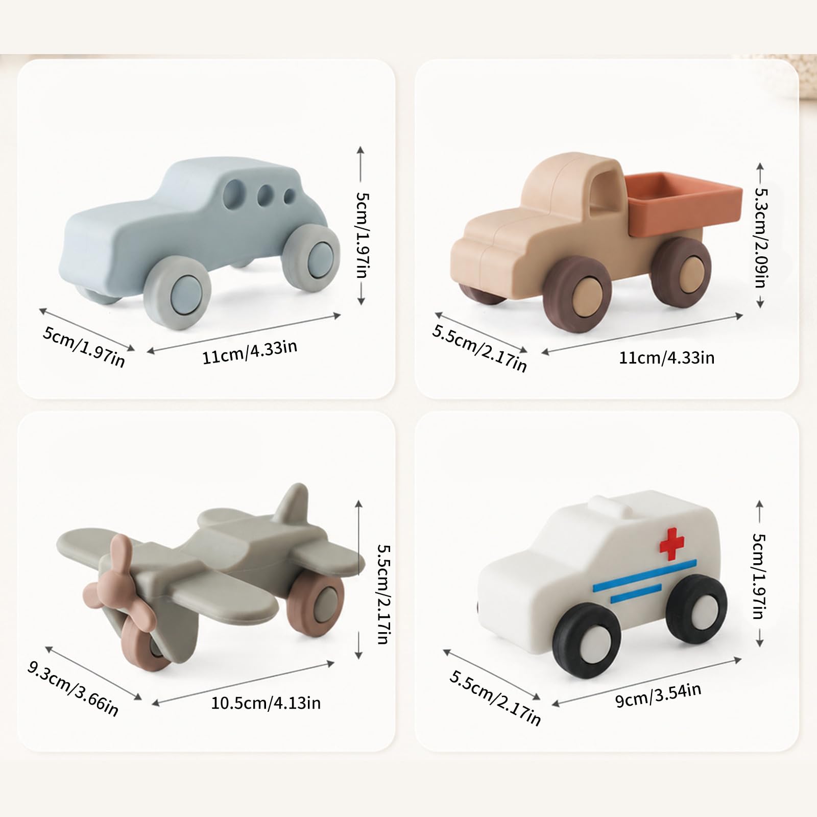 4 Stück Silikon Beißspielzeug, lustiges Auto Form, beruhigender Beißring für Babys und Kleinkinder, Unterhaltung, Linderung von Zahnungsschmerzen, sensorisches Baby Beißring Spielzeug