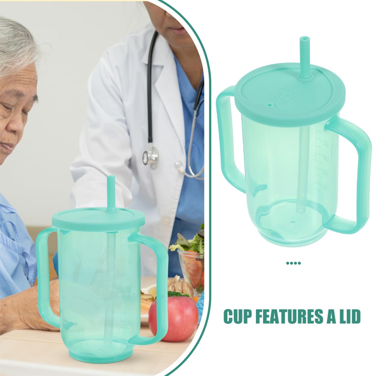 2 Stück pack Trinkbecher für Senioren aus Bruchfestem Kunststoff Auslaufsicher mit Deckel und Strohhalm Ergonomische Griffe für Flüssignahrung und Patientenpflege