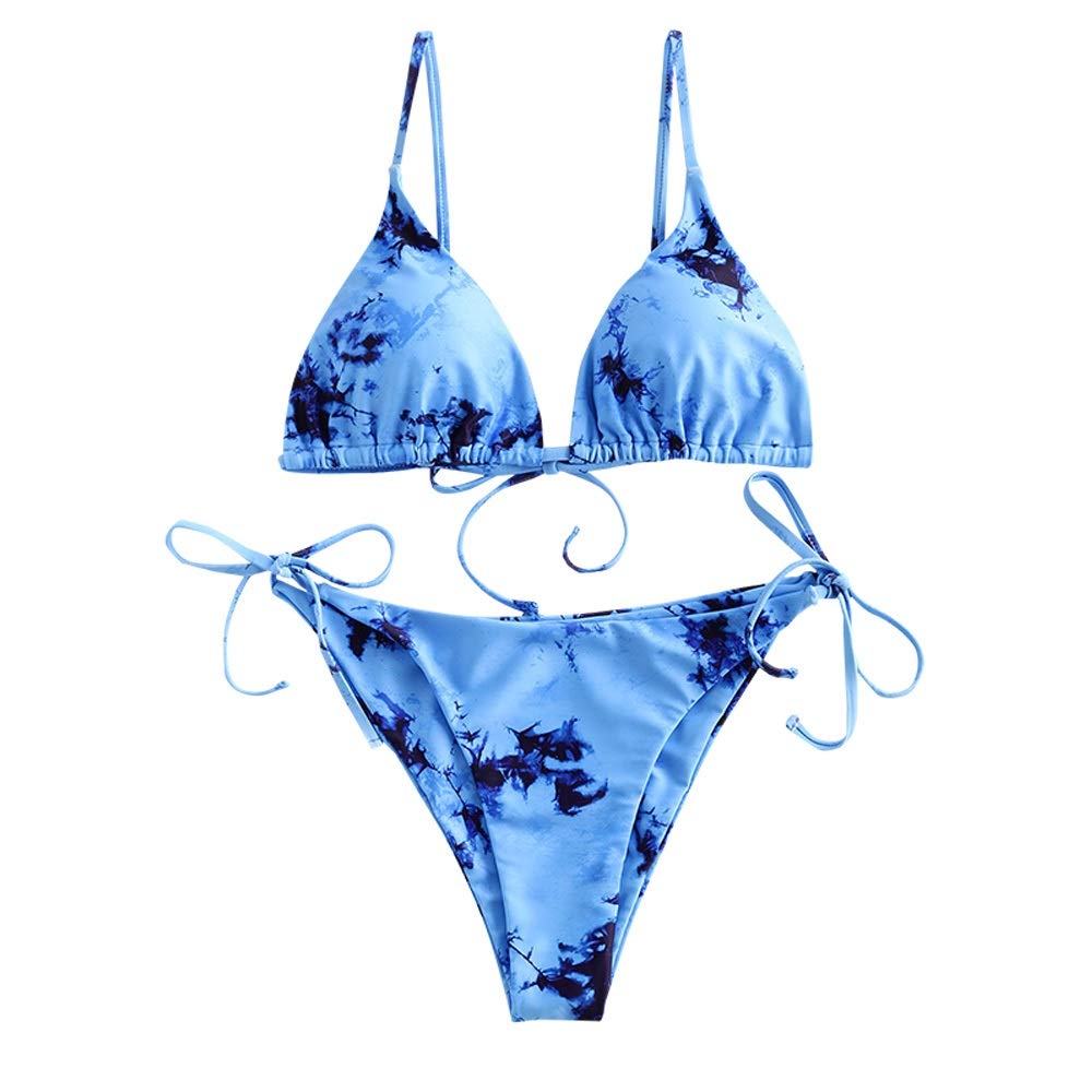 ZAFUL Mujer Bikini Conjunto, Copa Triangular de Encaje con Estampado Tie Dye + Chaleco Superior de Tres Piezas Cintura Baja Shorts