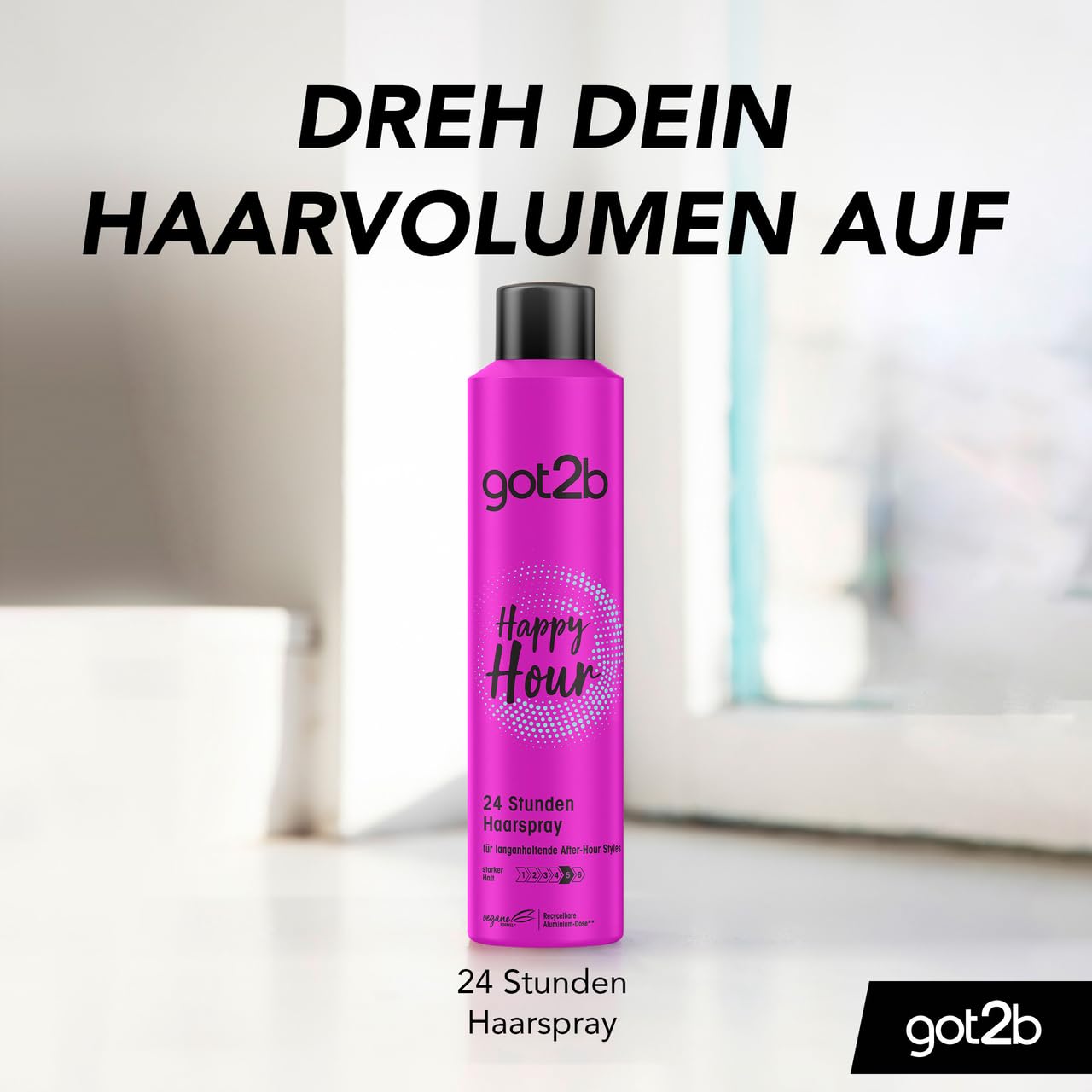 got2b Schwarzkopf Haarspray Happy Hour Halt 5 (6x 300 ml), 24 Stunden Haarspray für extremen Halt und langlebige Styles, schützt das Haar vor dem Austrocknen