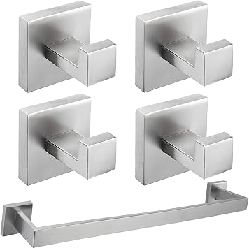 Nolimas Brushed Nickel Bathroom Hardware Set 5 Pieces SUS304 Stainless Steel Square Wall Mounted Including 24Inch Towel Rack Wall Mounted, Robe Towel Hooks,Bathroom Accessories Kit