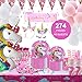 Unicorn Party Supplies Set - 274 pcs Set With Unicorn Birthday Party Supplies, Pink Unicorn Headband for Girls, Birthday Party Decorations, Unicorn Balloons, Pin the Horn on the Unicorn Game and More, Serves 16