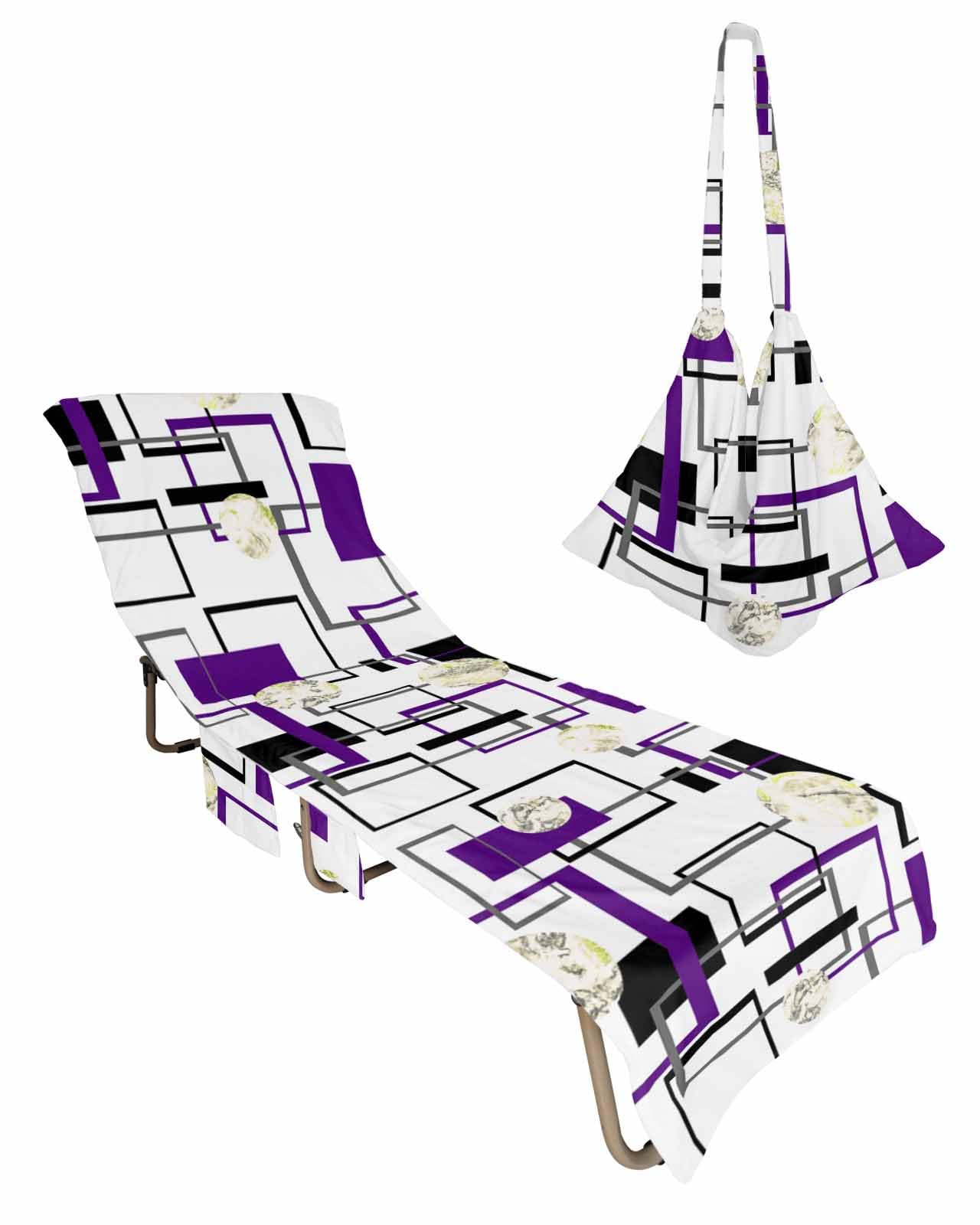 Purple Geometric Beach Lounge Chair Towel Cover, Soft Chaise Lounge Towel with Side Pockets Patio Pool Chairs Cover for Beach/Pool Sunbathing 29x85 Black Grey Modern Abstract Art Marble