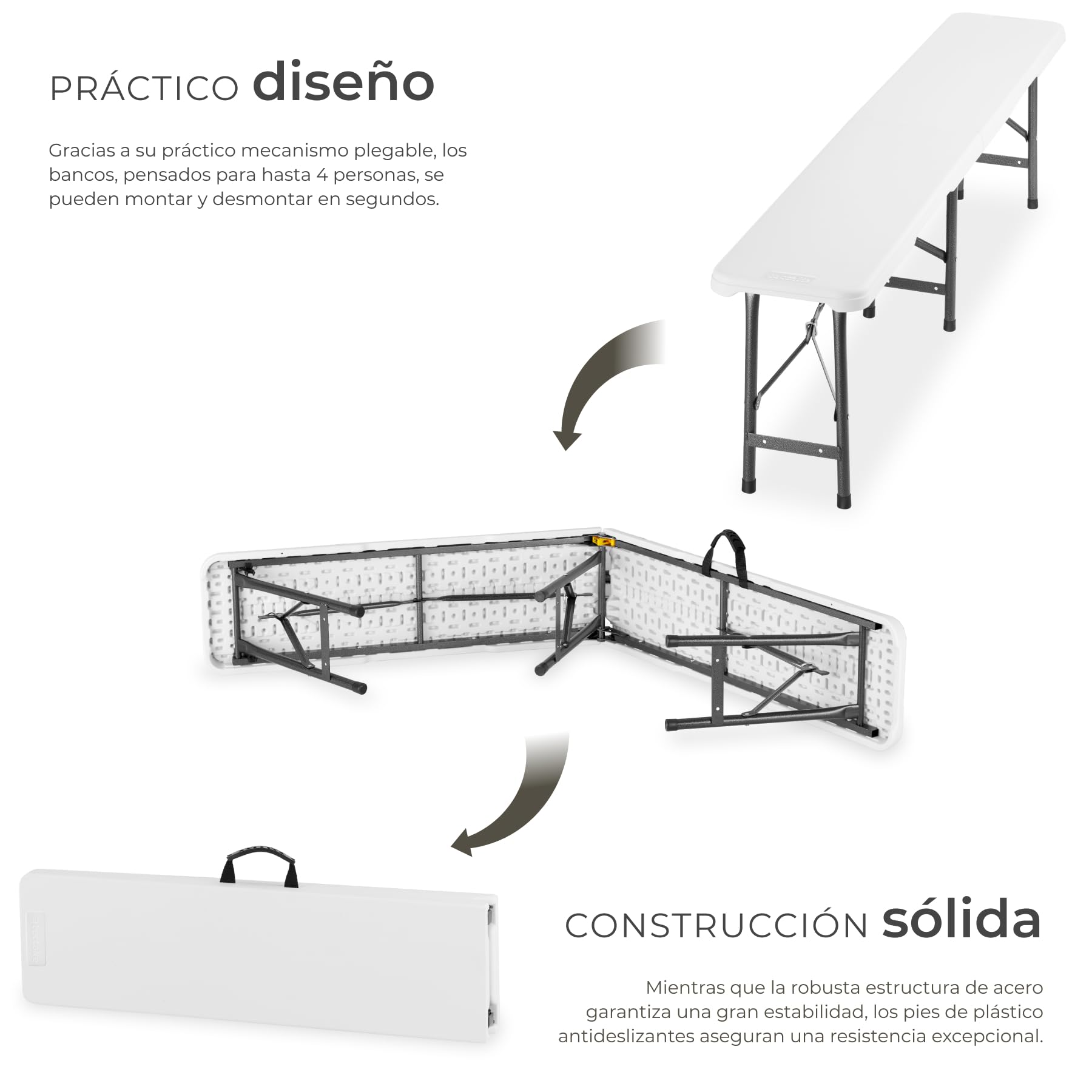 tectake® Set de 2 Banco Plegable Camping 180 cm, Banco Jardin Exterior Cap. Carga: 500kg, Terraza, Mobiliario Jardin y Terraza Exterior, Camping Accesorios, Banqueta, Patio, Bancos - Blanco