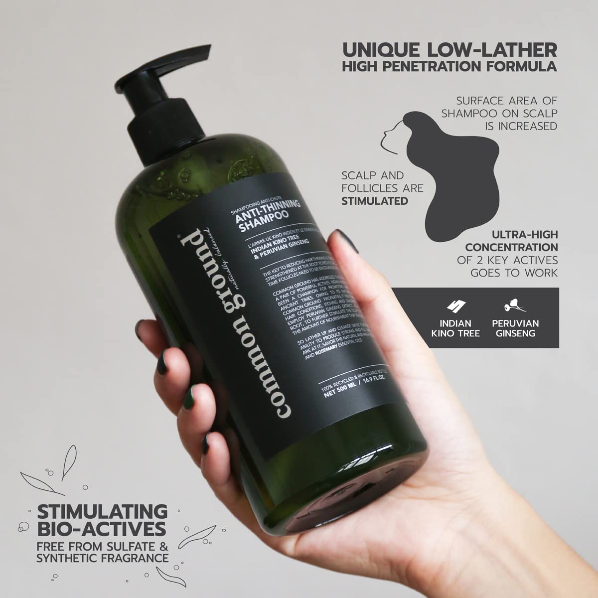 Common Ground Natural Anti-Thinning Shampoo, Sulphate, Paraben & Cruelty Free, Vegan, Plant-Based, Bergamot & Rosemary Scent, Kino Tree & Ginseng DHT Blockers, for All Hair Types, Men & Women