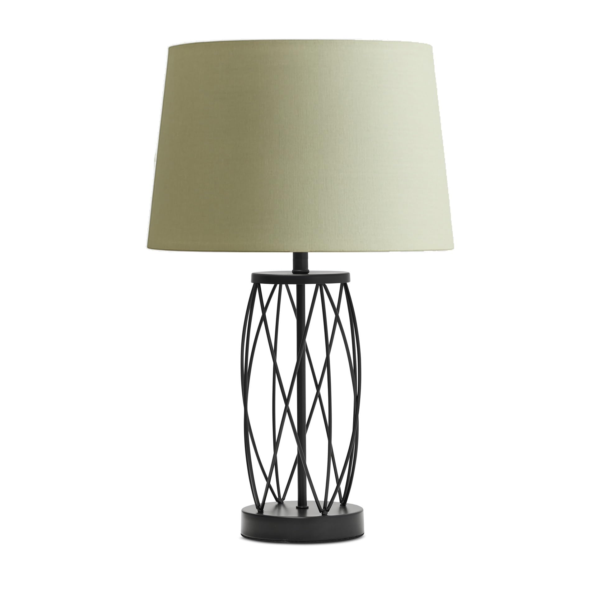 Ashleigh Black Metal Lattice Cylinder Lantern Table Lamp with Sage Green Fabric Shade, Modern Decorative Bedside & Living Room Lighting for Contemporary Interiors (Bulb not Included)