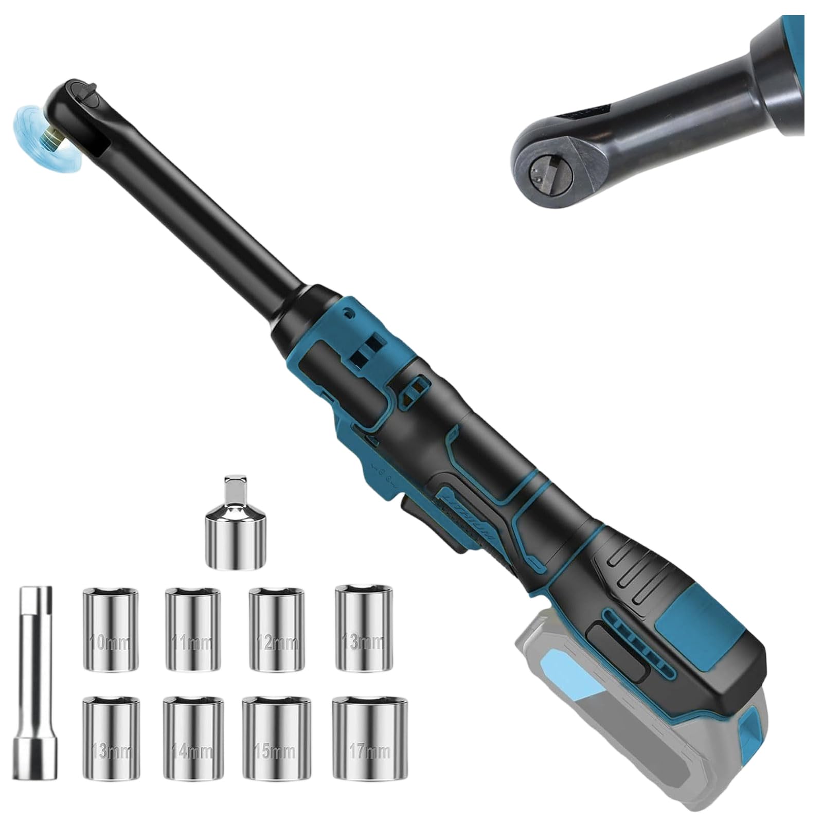 3/8" Cordless Ratchet Wrench for Makita 18V Battery,Extended Electric Ratchet Wrench 80-100N.m 320RPM, 16cm Extended Head, Electric Wrench with 8 Sockets & 3/8" to 1/4" Adapter(No Battery) (Blue)
