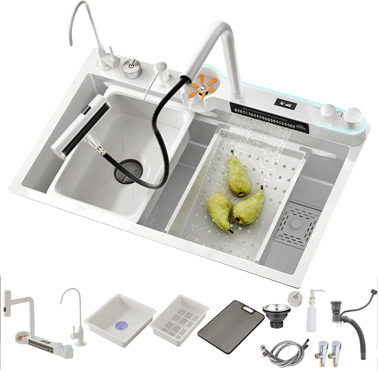 Black Stainless Steel Waterfall Kitchen Sink With Digital Display and New Dual Mode Faucet - Multifunctional With Accessories (BS-80x45x22CM)