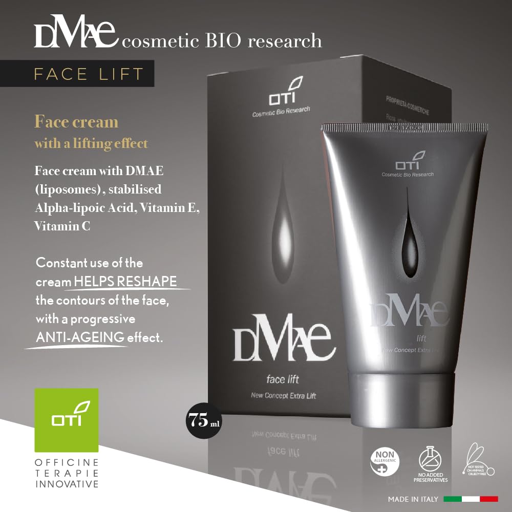DMAE Face Lift, Crema viso con DMAE (liposomi), Acido alfa-lipoico stabilizzato, Vitamina E, Vitamina C. Senza conservanti. 75 ml. Prodotto in Italia, non testato sugli animali.