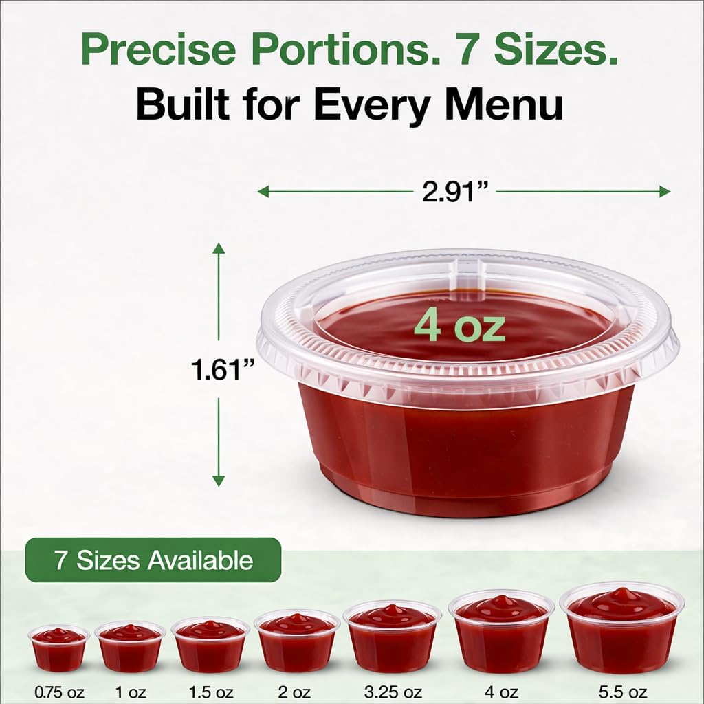 4 oz Plastic Portion Cups with Lids, 1000 Count, Dessert Cups with Lids, Jello Shot Cups with Lids, Small Plastic Cups for Salad Dressing & Condiments, BPA Free, Recyclable, Stackable