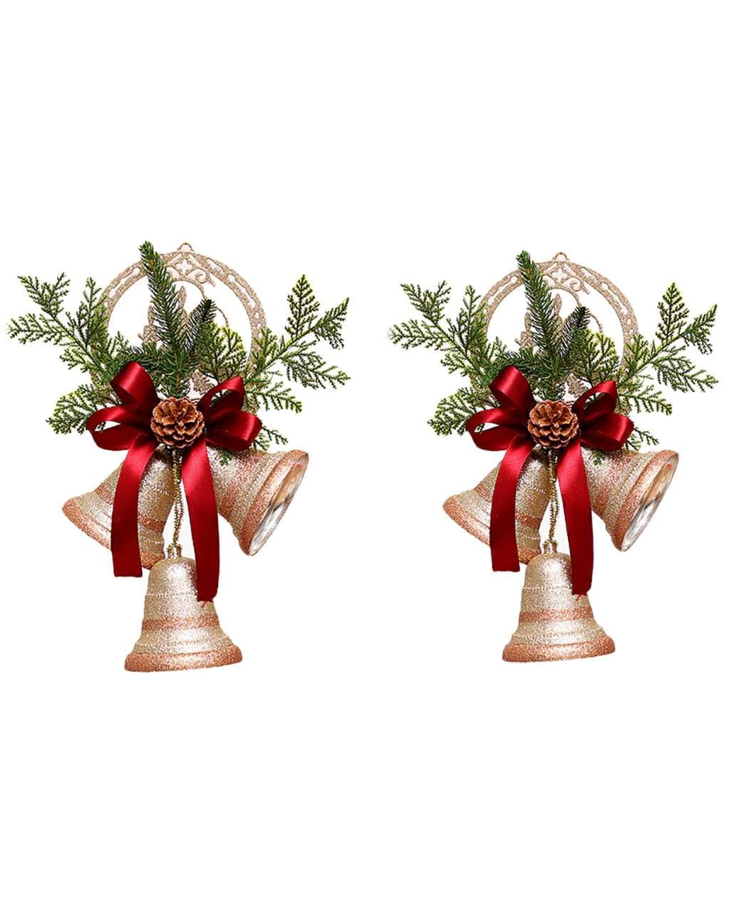 HJHIWE 2 Pack Glitter Christmas Bells Ornaments Pendant, 13.8 Inch Extra Large Hanging Jingle Bells Xmas Bell with Ribbons, Pinecones and Pine Needles for Christmas Tree, Door, Home Decor.