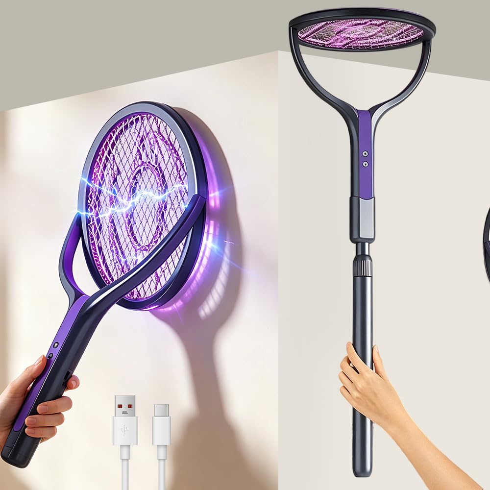 Rotating Head Electric Fly Zapper, 3000V Electric Fly Swatter with Auto & Manual Mode, 180° Electric Mosquito Swatter for Outdoor and Indoor Use, Safe 5-Layer Mesh, USB Powered, Purple