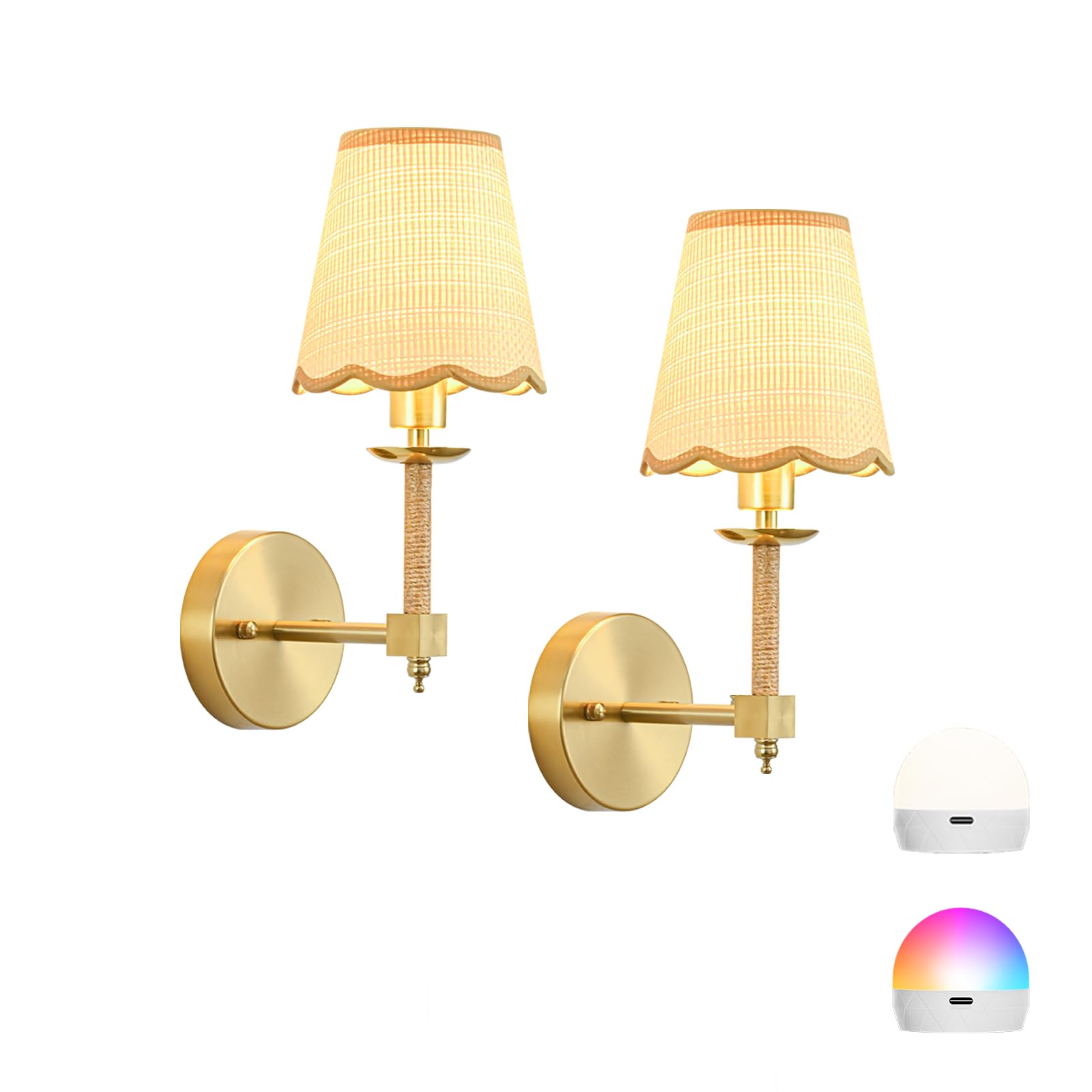 Photo 1 of KernLite Boho Battery Operated Wall Sconce Set of 2, Medium Wireless Rechargeable Wall Lights with Rattan Shade, 12 RGB and 3CCT Dimmable Cordless Wall Lamps with Remote for Living Room