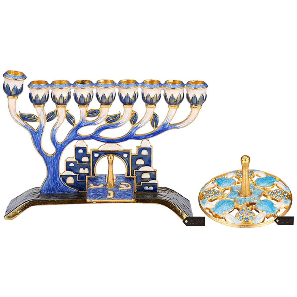Matashi Hand Painted Blue Enamel Menorah Candelabra w/Jerusalem City Design & Pomegranate Spinning Dreidel Holiday Ornaments (Pewter) with Gold Accents and Crystals Hanukkah Gift Jewish Decor