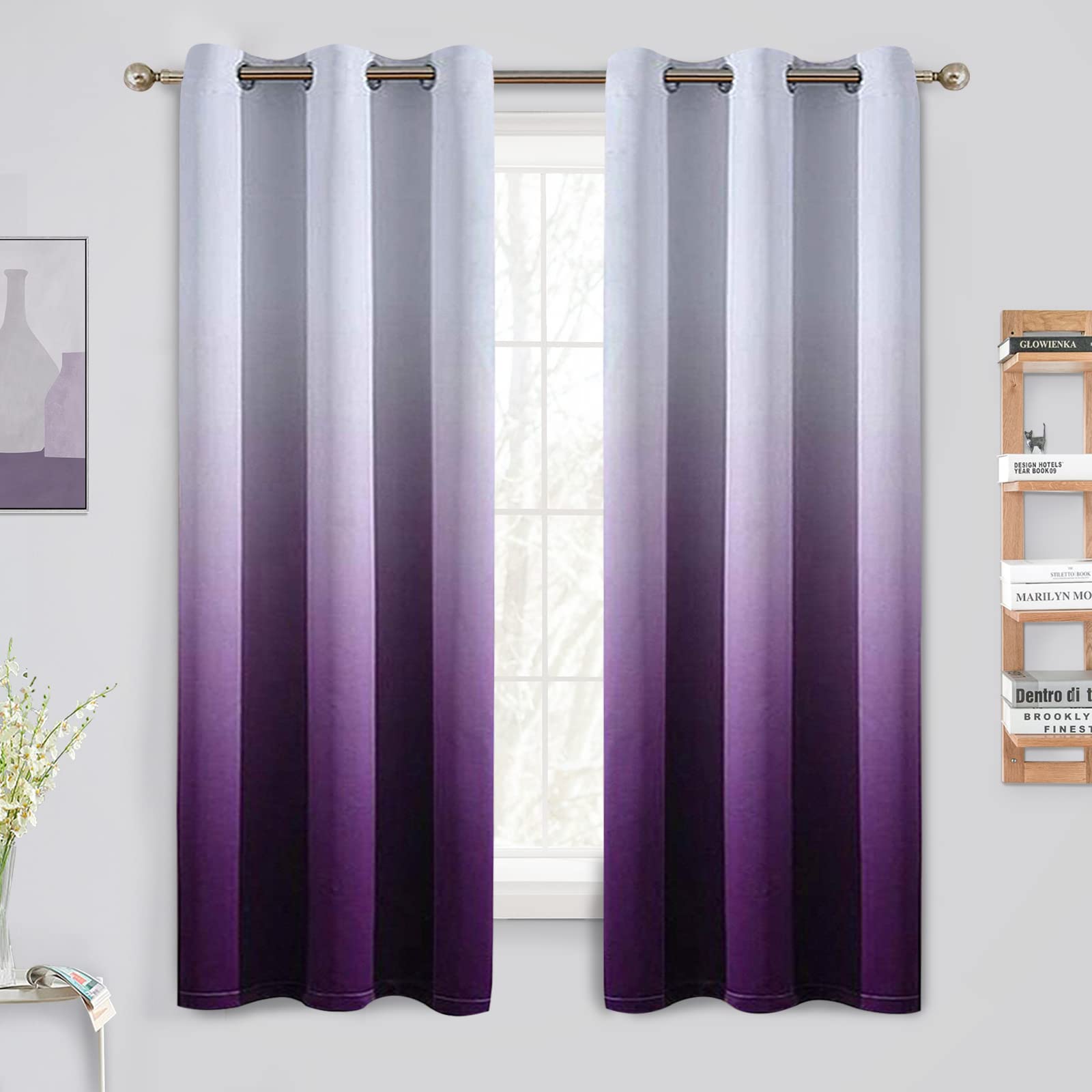 Yakamok 63 Inch Long Ombre Curtains,Thermal Insulated Light Blocking Greyish White to Purple Gradient Color Curtains, Room Darkening Grommet Window