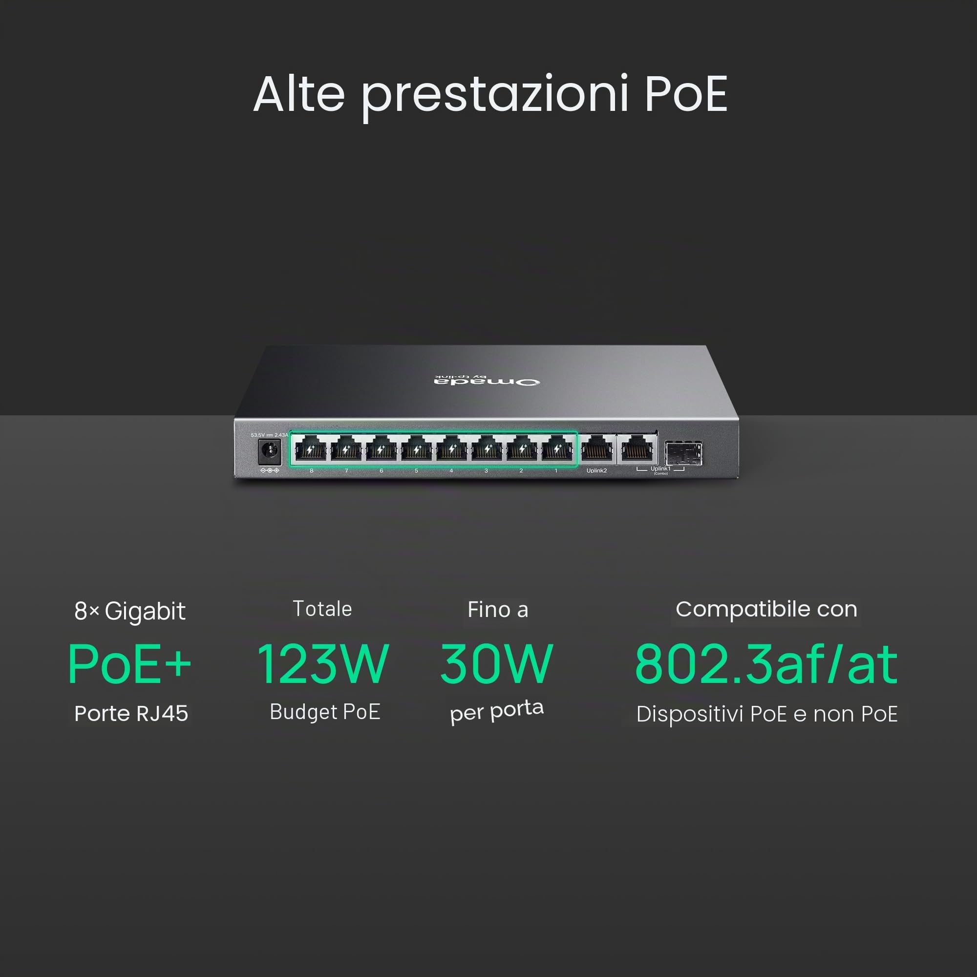 Switch di rete ES210GMP - Smart Desktop con 10 Porte Gigabit di cui 8 PoE+ - by Omada