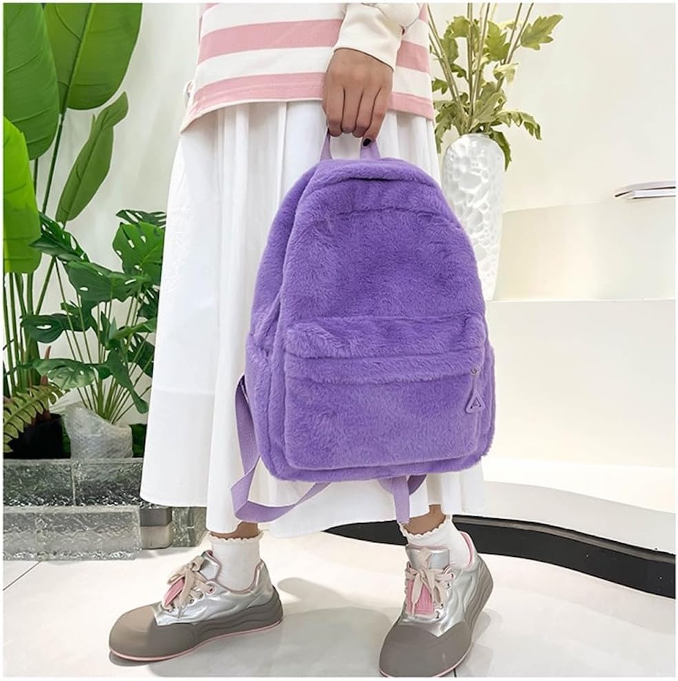 JHTPSLR Small Fuzzy Backpack Solid Furry Backpack Soft Plush Mini Backpack Mochila Pequeña Cute Aesthetic Lightweight Casual Daypack (Magic Purple)