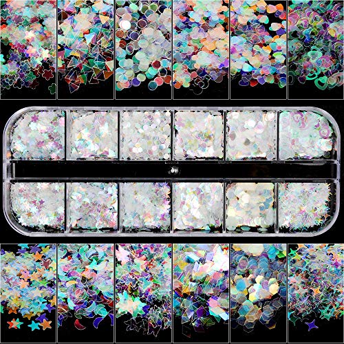 12 Boxes Holographic Nail Sequins, Teenitor Iridescent Mermaid Flakes Ultra-thin Colorful Glitter Sticker, for Nail Art Decoration, Paillette Cosmetic Festival Glitter, Craft or Face Hair Decor