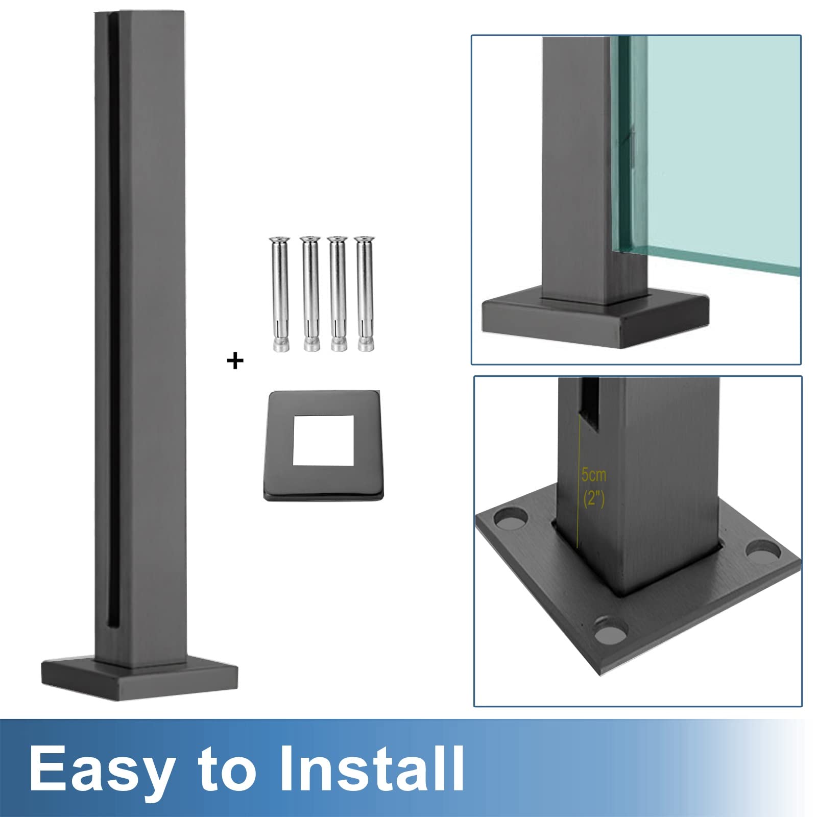 HeavyDu - Poste negro para paneles de 1 cm, protección contra óxido, para balcón, interior/exterior, 125 cm