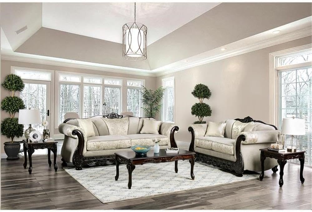 Pemberly Row Traditional Chenille Upholstered Loveseat, 70" W x 36" D x 40" H, Ivory and Espresso Finish, Solid Wood Trim, Rolled Arms, Bun Feet, Accent Pillows, Bedroom or Living Room Seating