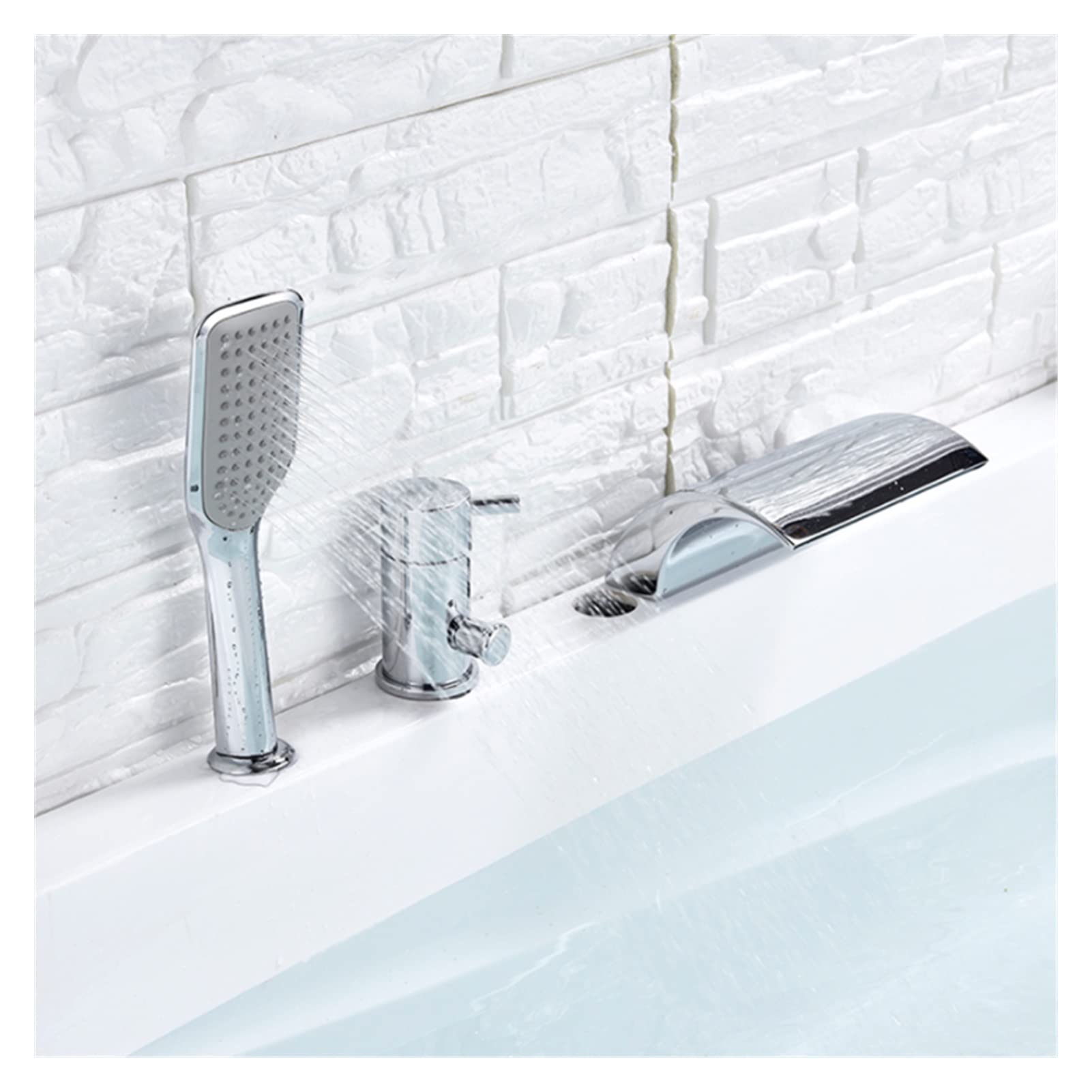 Chrome Bathtub Waterfall Shower Faucet with Hand Shower Hot Cold Water Mixer Tap Tub Sink Faucet Widespread Spout Easy to Install(I)