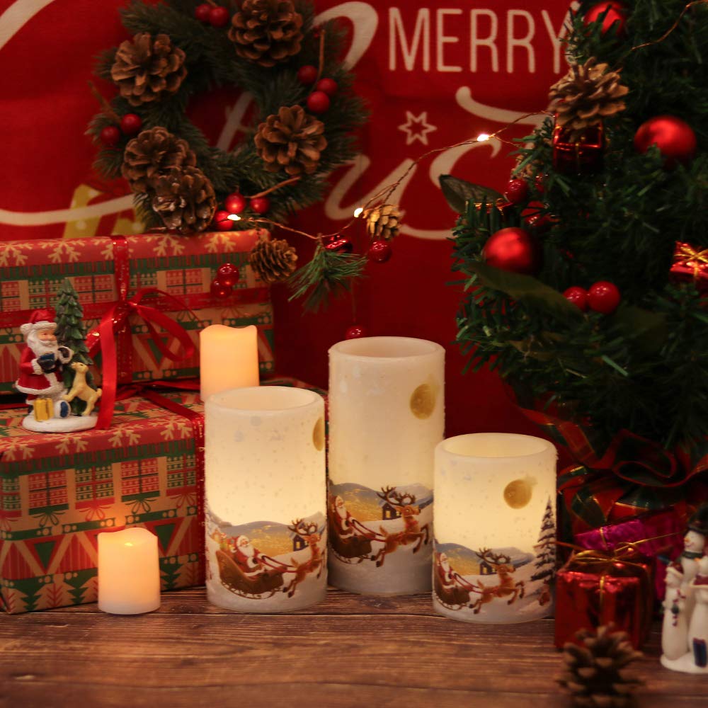 Eldnacele Candele natalizie senza fiamma tremolanti con timer 6H, confezione da 3 candele di cera con Babbo Natale, luci a LED per la decorazione natalizia della casa, alimentate da 2 batterie AA