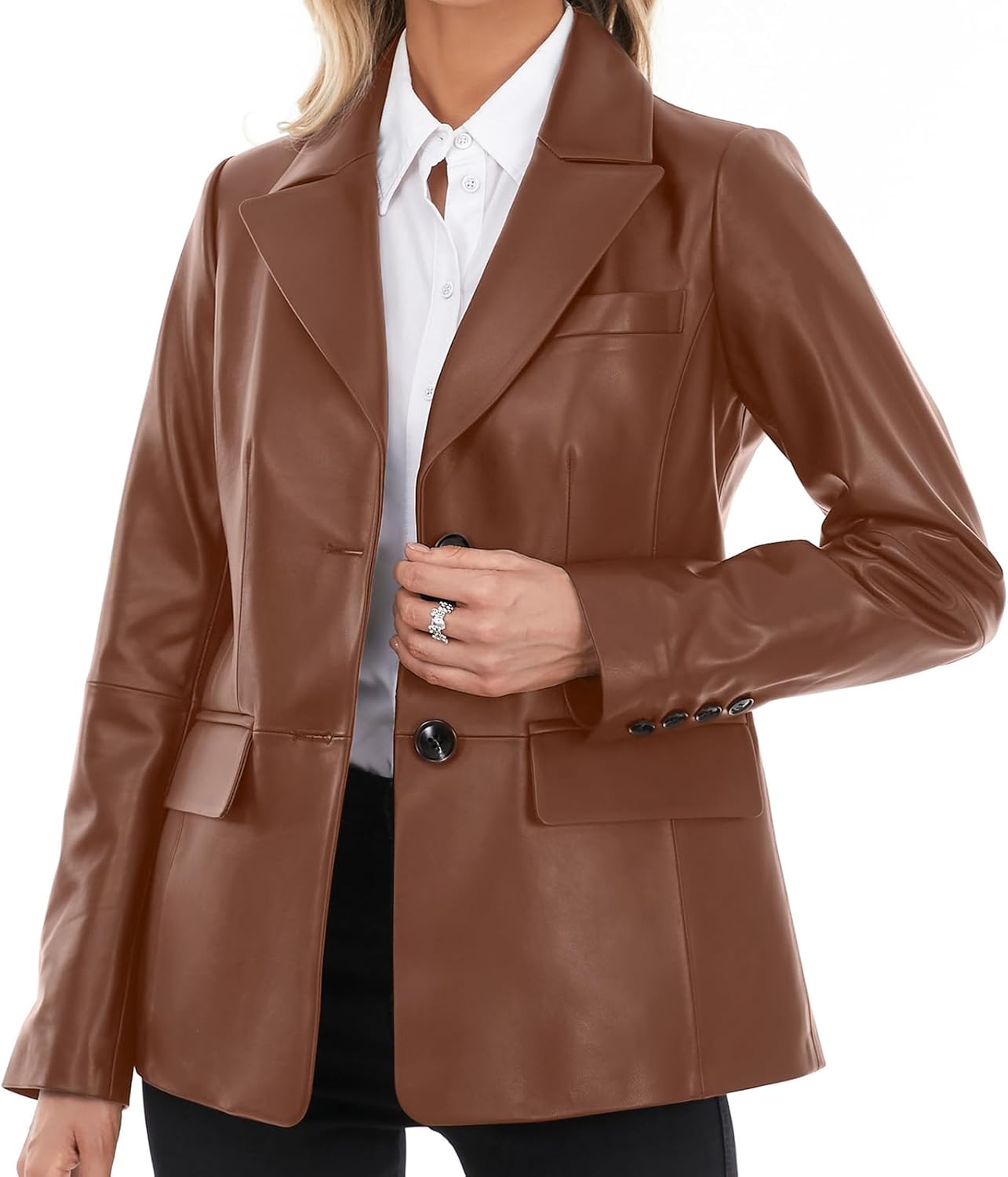 SILVER FASHIONS Lambskin Leather Jacket Women,Long Sleeve Button Front Leather Blazer,Notched Lapel Casual Style,Vent Detail - Image 2