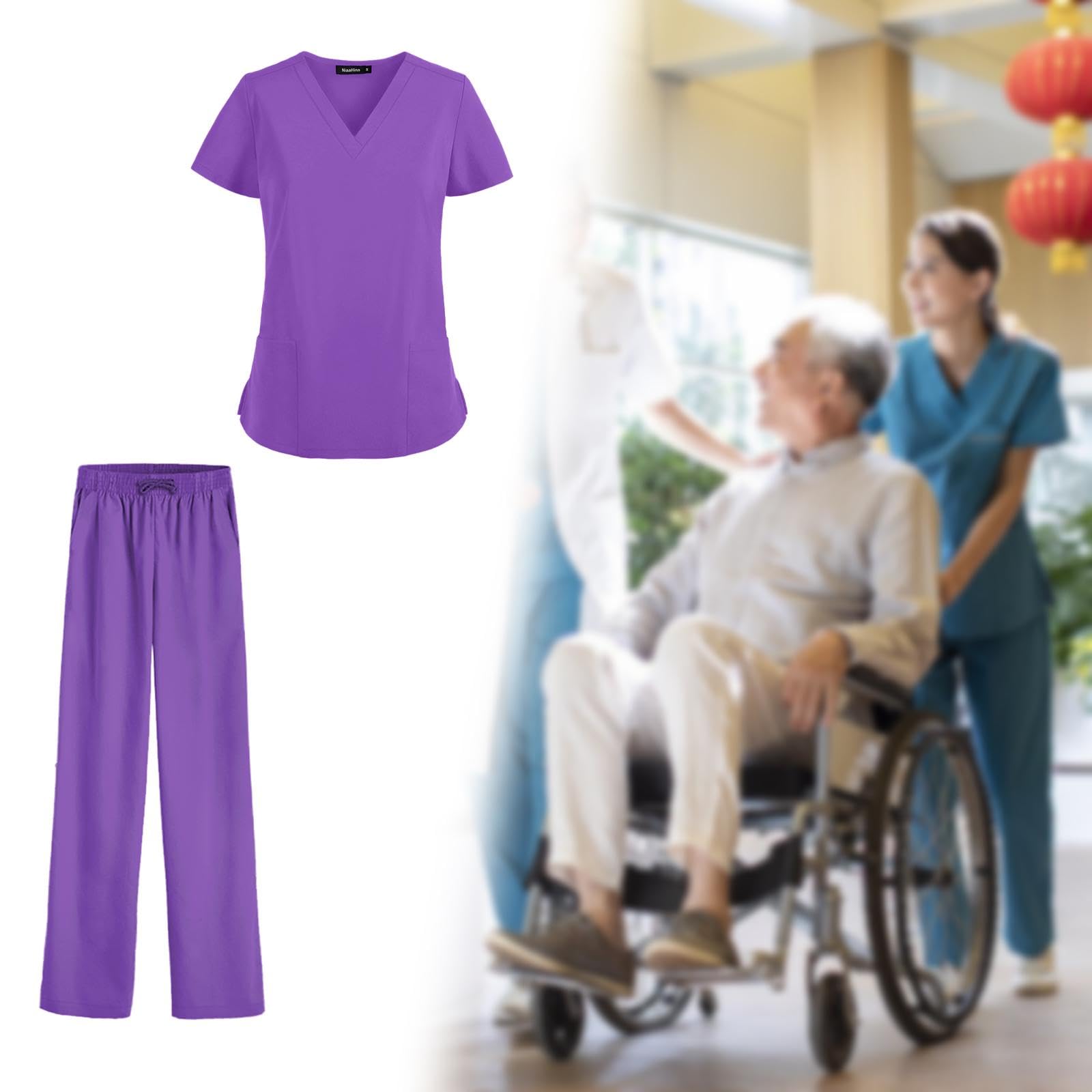 Oshhni Frauen Scrubs Sets Arbeitskleidung Kleidung Dünne Krankenpflegeuniformen Set Kurzarm für Skin Manage Cosmetology Beauty Spa Center, violett, xxL