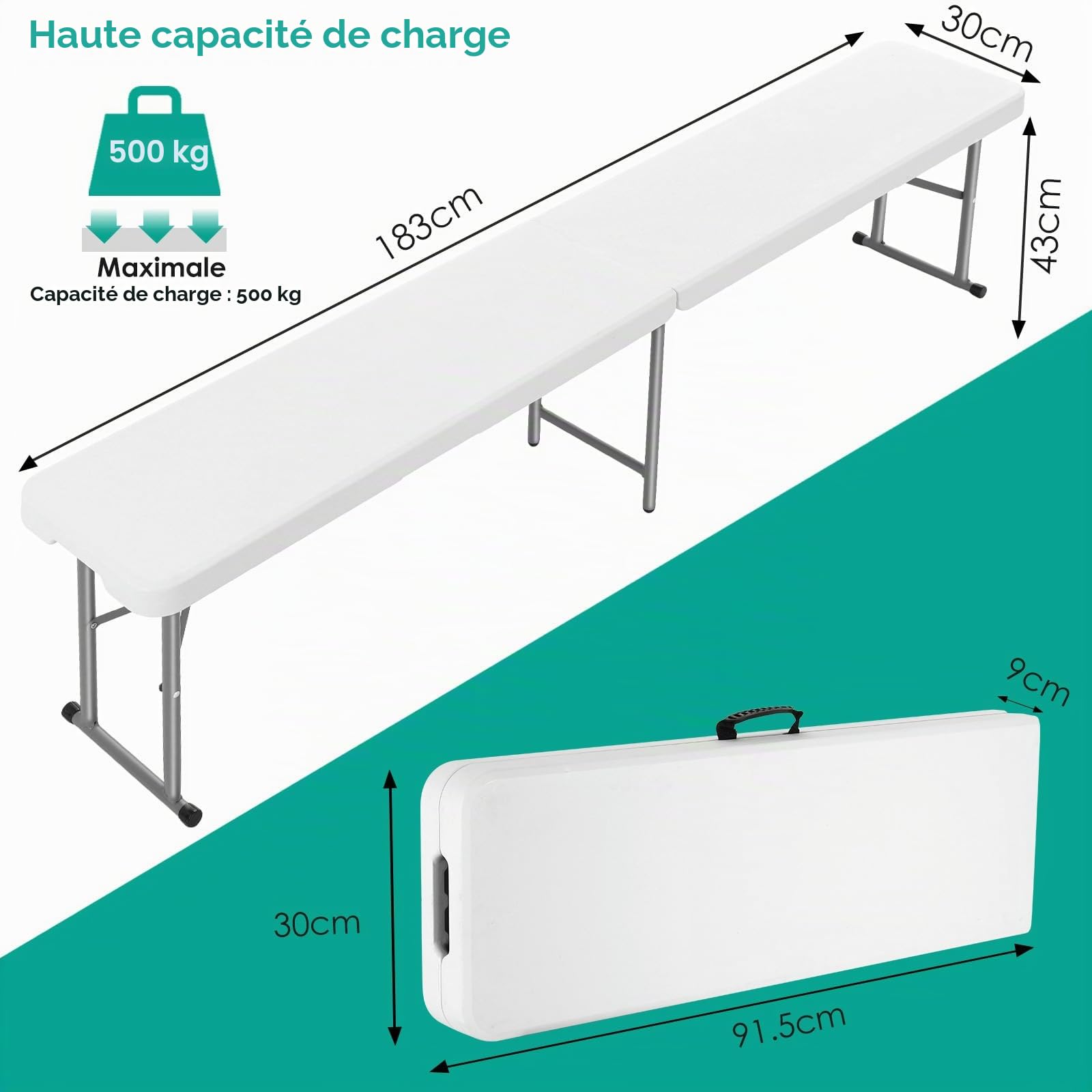 LIFERUN 2 pcs Bancs Pliables 183 cm,Banc de bière Pliant Camping avec poignée de Transport,Banc Pliable Camping Structure en Acier et Plateau en Plastique HDPE,pour Jardin Fête Barbecue Pique-Nique