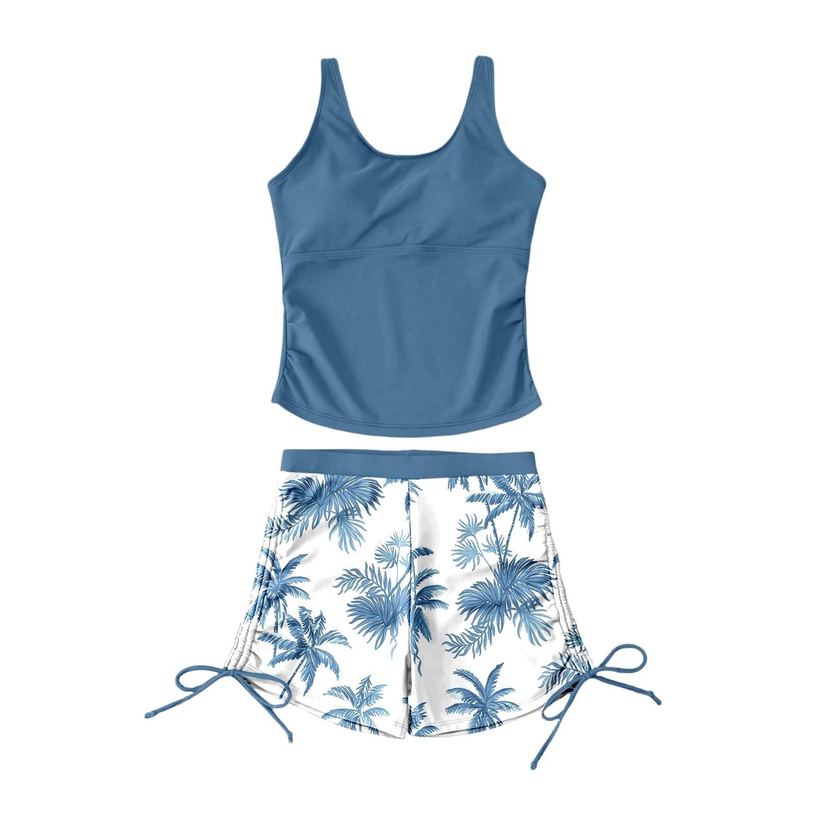 Maillot De Bain Ado Fille 8-14 Ans Ensemble 2 Pièces Haut Tankini Débardeur Noir et Short De Bain à Motif Feuillage avec Cordons Latéraux Adolescente Natation Piscine Entraînement Sport Plage Été