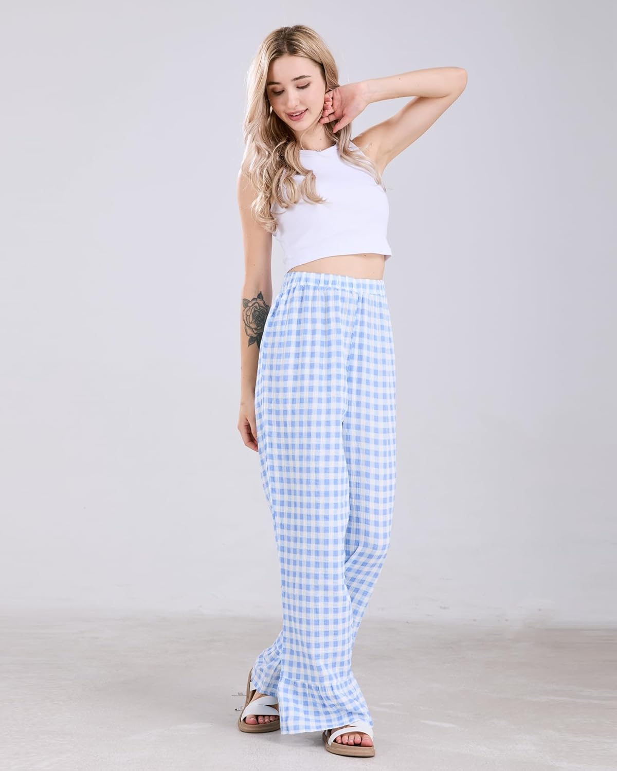 Womens Gingham Pants Wide Leg Lounge Pants Y2k Plaid Print Ruffle Hem Loose Trouser - Image 5