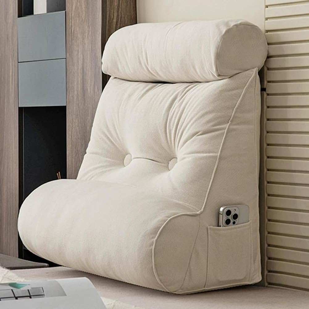 HEANCRIE Ergonomic Lumbar Positioning Support Reading Pillow with Neck Bolster,60cm Thicken Backrest Cushion,Elasticity Headrest Pad with Side Pocket for Bed Relax (Beige,60X50X30CM)