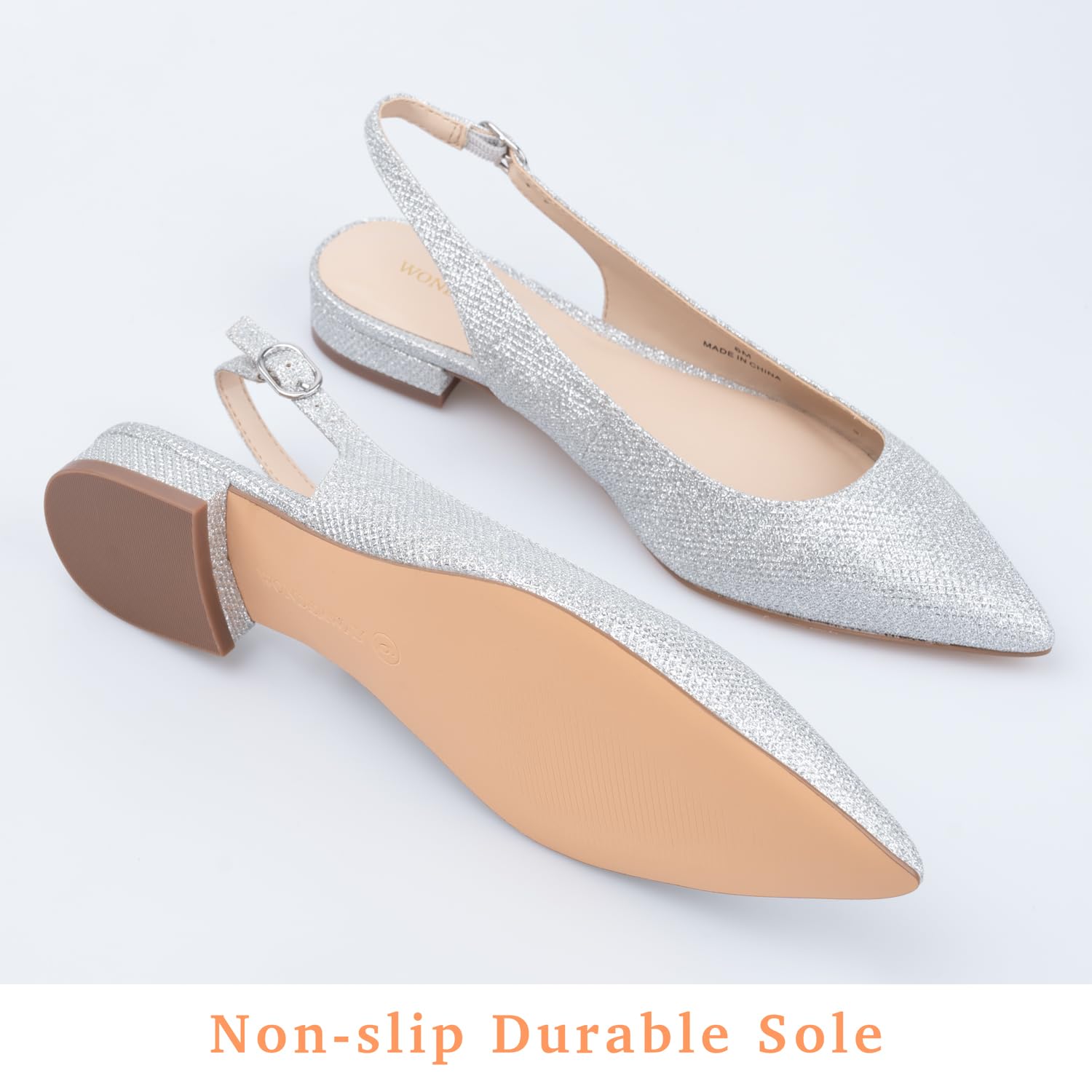 WONDERWAY Damen Slingback Flache Schuhe mit Spitzkappe für feierlich, lässig, Arbeit, Hochzeit, Silberfarbener Glitzer, 41 EU