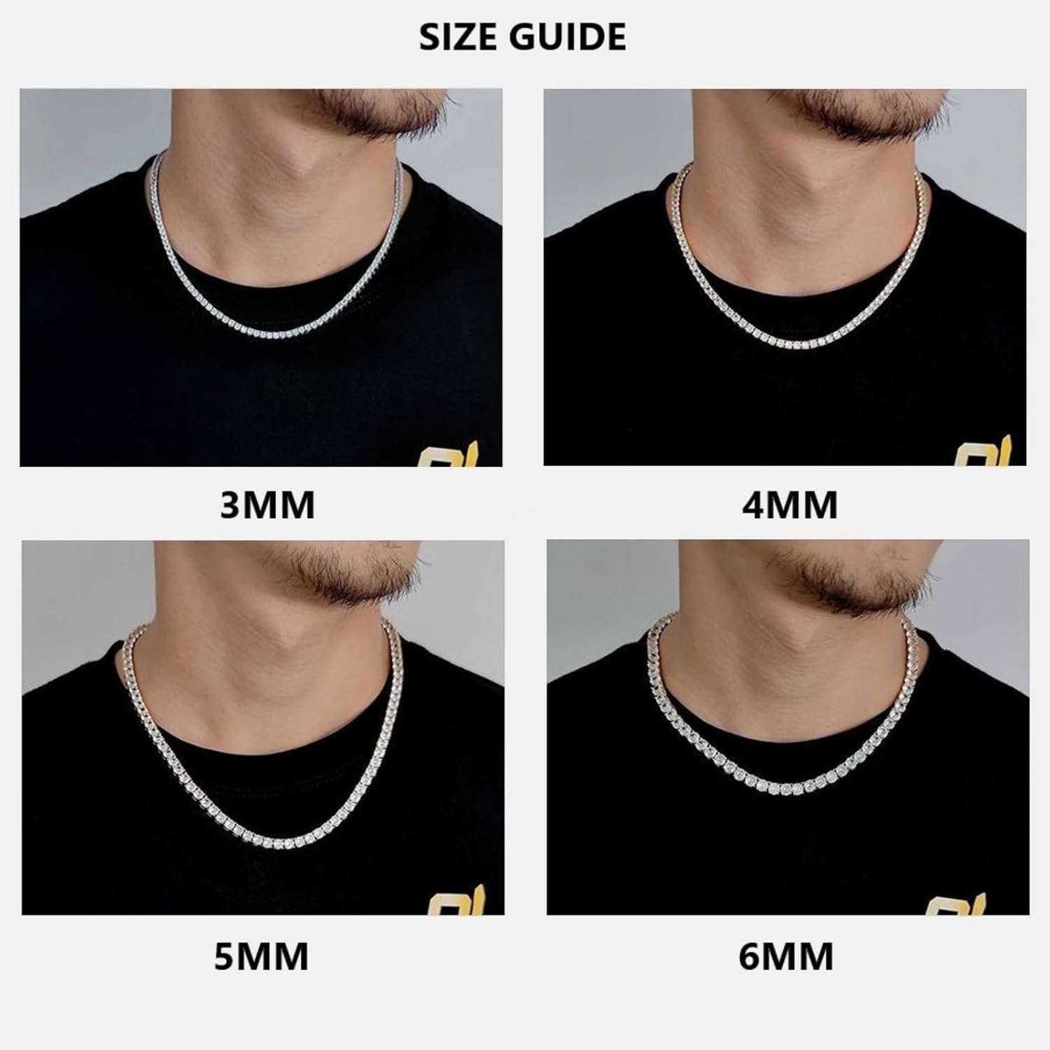 Collar de tenis de 3 a 6 mm para mujeres y hombres, chapado en oro blanco de 18 quilates, collar de diamantes de imitación de circonita cúbica de corte redondo