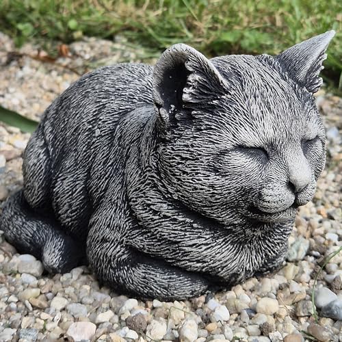 FABRIQ Süße liegende Katze Figur, Steinfigur, Kleine Katze, Katze deko, schwarz lackiert, wetterbeständig 2 kg, Garten deko