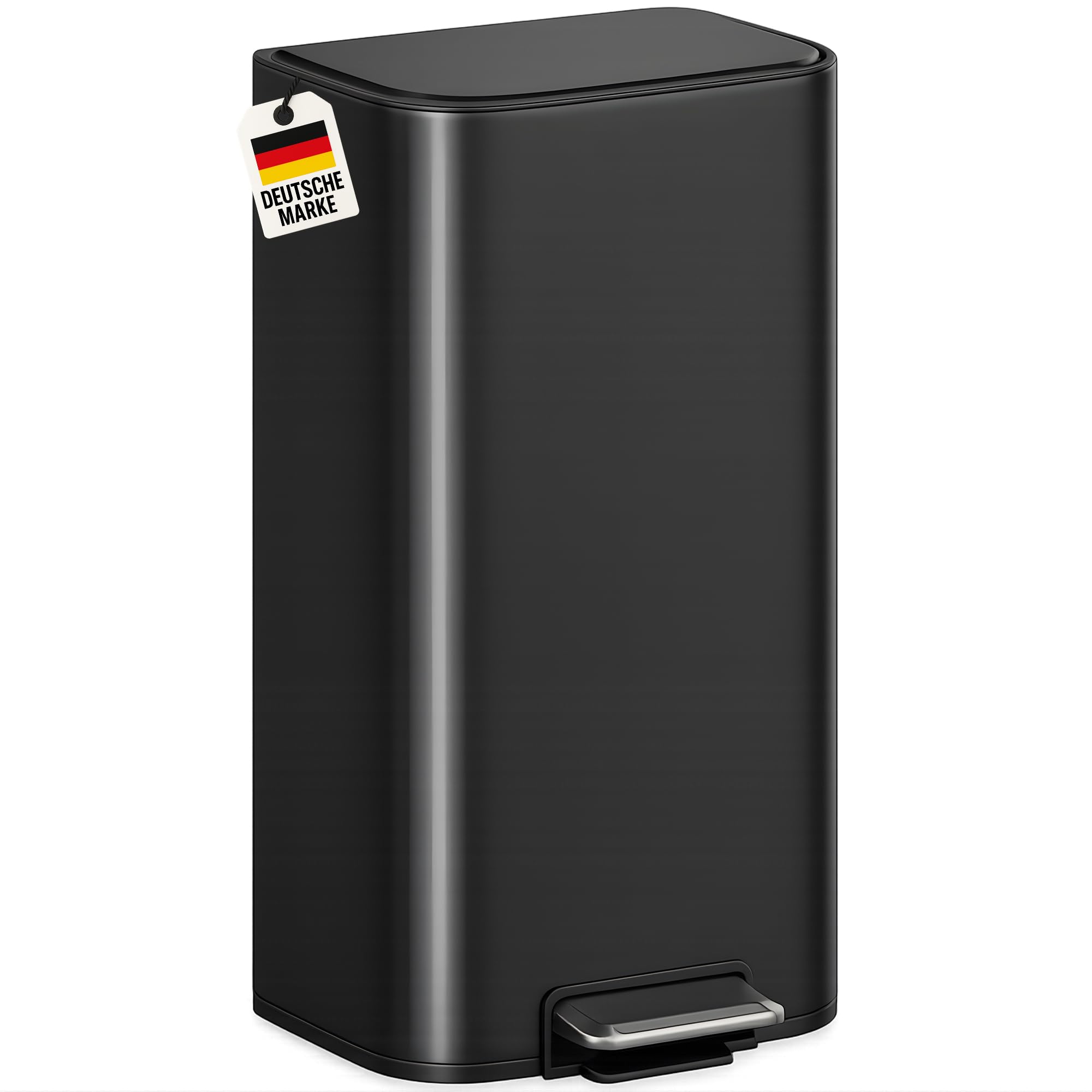 WELLGRO großer Mülleimer 40L Schwarz Matt mit Pedal, Softclose-Deckel | großer Treteimer Edelstahl mit robustem Edelstahldeckel und herausnehmbarem Inneneimer mit Grifflöchern