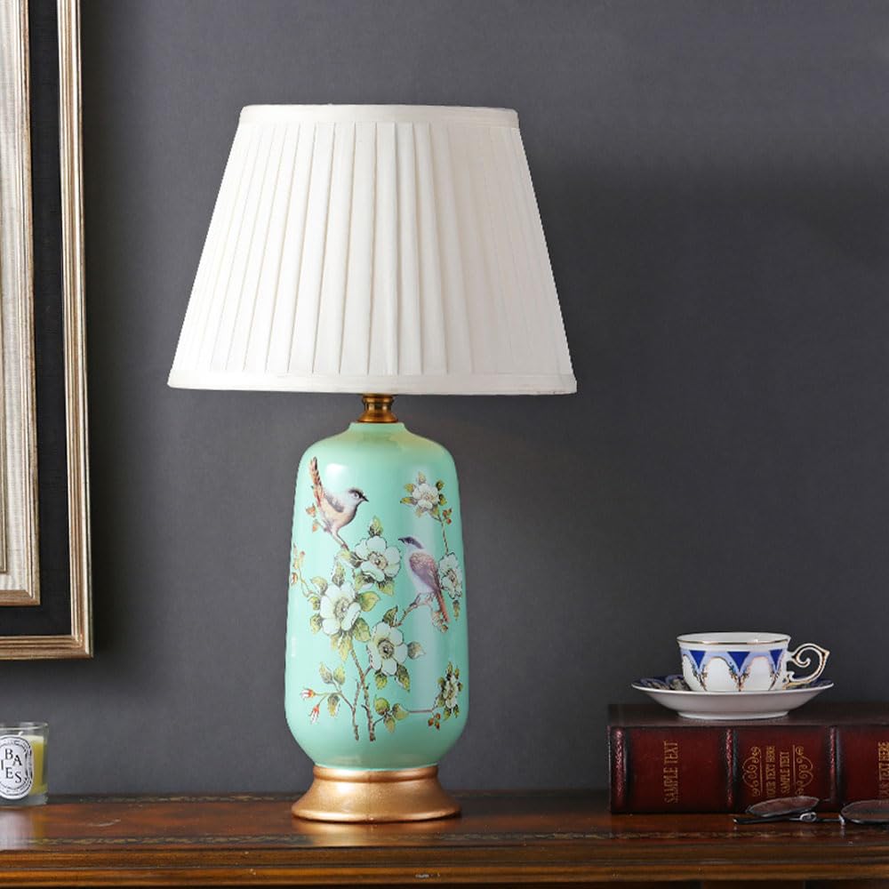 asdchZen 24" American Hand-Painted Flower And Bird Ceramic Table Lamp Bedroom Bedside Desk Nightstand Lamp With Fabric Lampshade For Aisle Vase Lamps-D,B