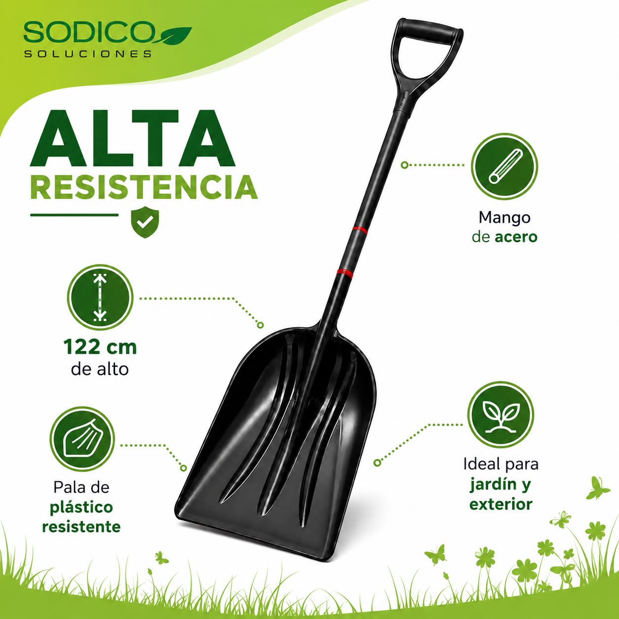 Pala de Plástico Grande para Jardín 120 cm - Cabezal 34 x 47 cm - Mango de Acero Forrado en PVC y Agarre en D, Pala Multiusos para Hojas, Tierra, Terraza y Nieve - Color Negro (Acero aleado)