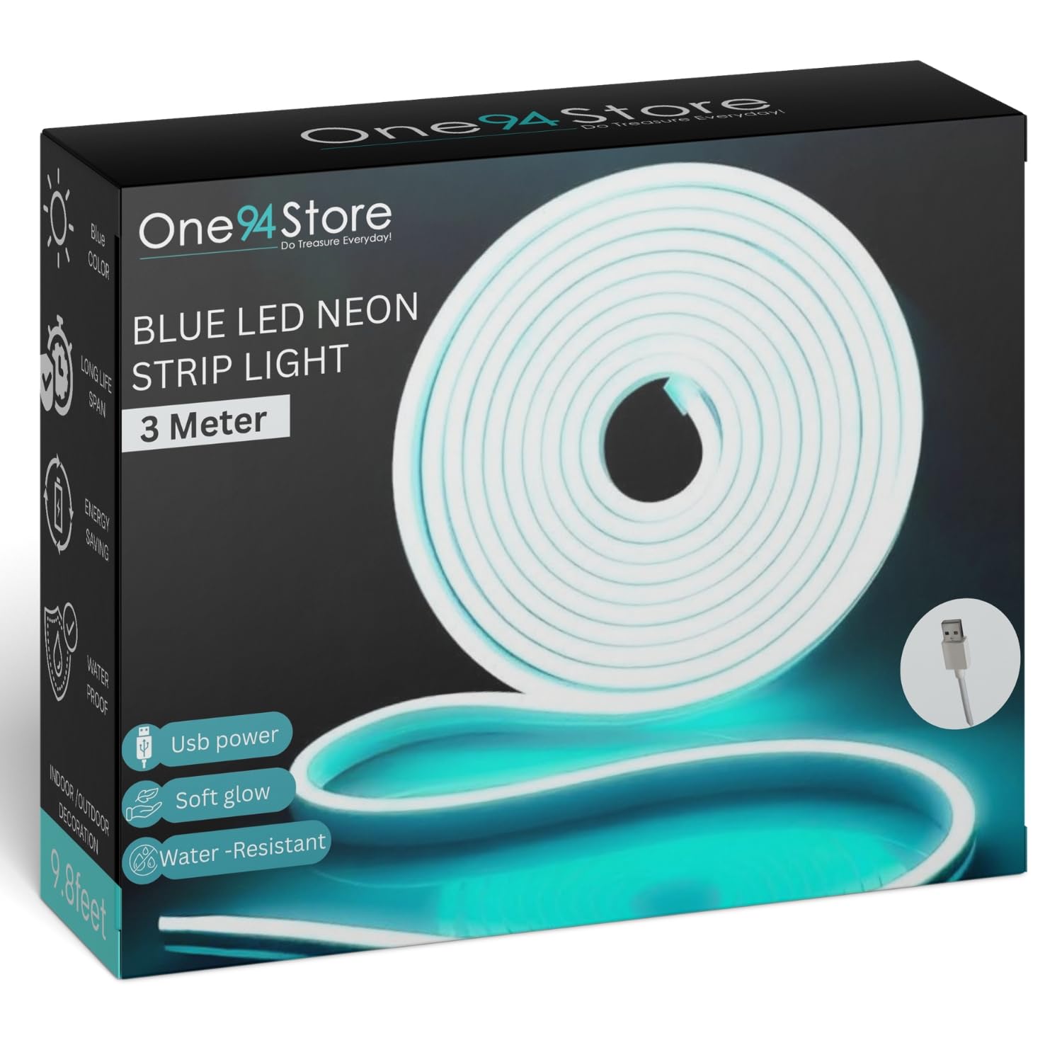 One94Store LED Neon Strip Light 3M – USB Powered, Flexible Waterproof Rope Light DC 5V with Button Switch | Ambient LED Lighting for Home, Bedroom, DIY Decor, Party & Gaming Room (Blue)