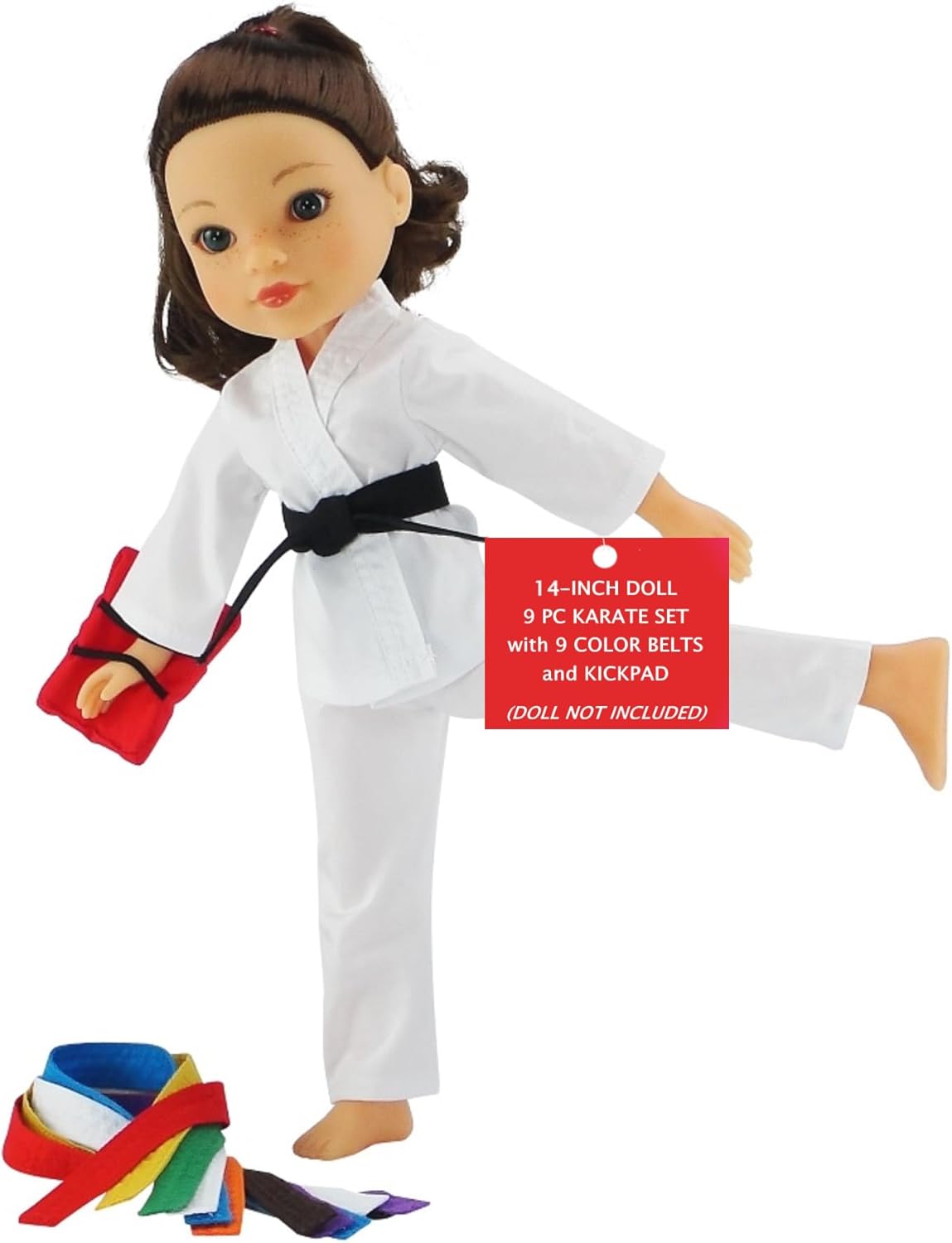 Emily Rose 14" Doll Karate Outfit 12-PC - White Gi with All 9 Color Belts & Kick Pad | Glitter Girls & Wellie Wishers Compatible | Gift Boxed | USA Brand