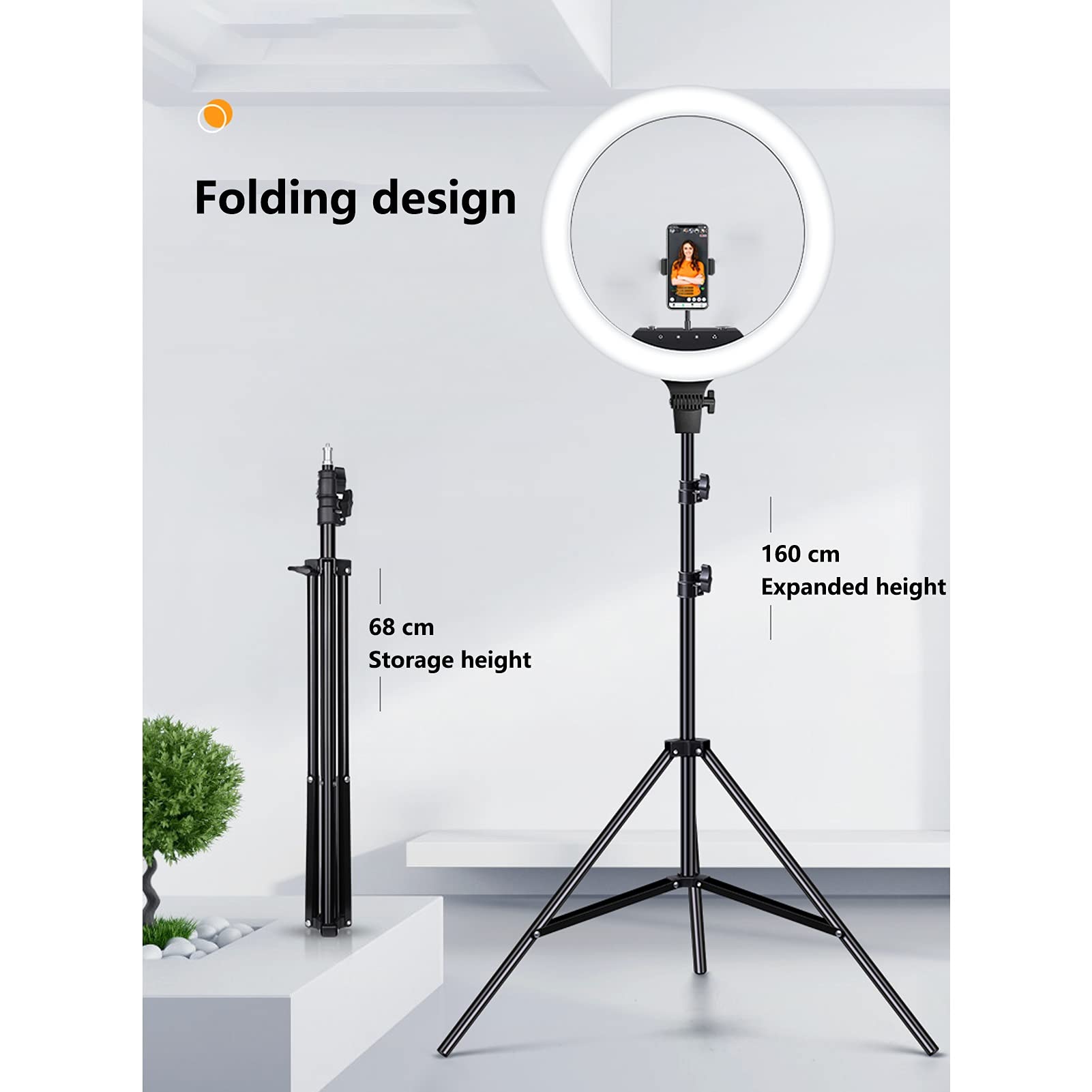 Treppiede con luce di riempimento per selfie, luce per fotografia ad anello dimmerabile con 3 modalità colore, supporto per telefono cellulare per video, trucco (dimensioni : 26 cm di luce) (32 cm