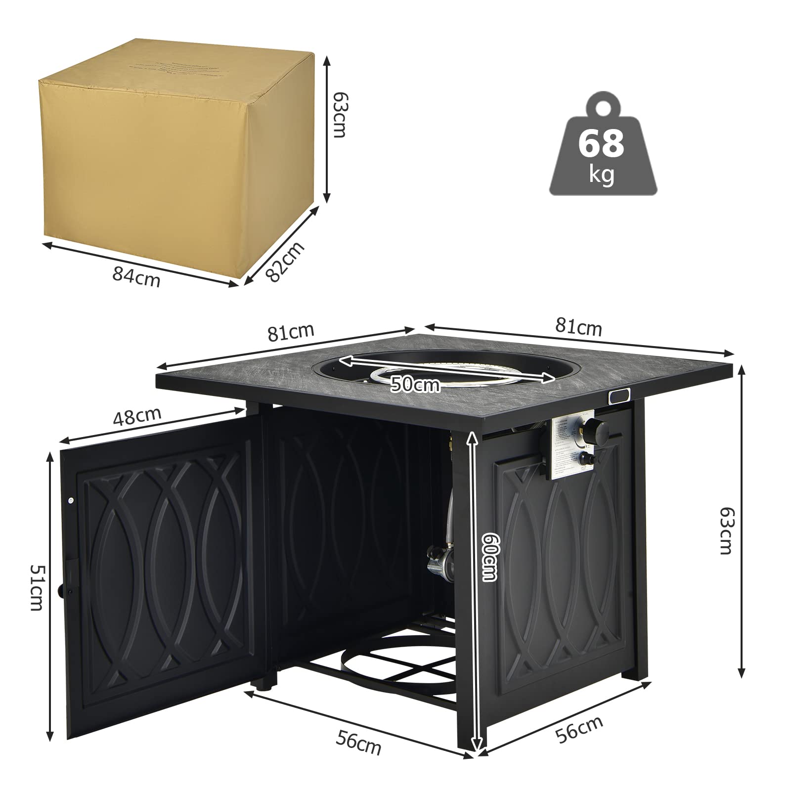 Stół z paleniskiem, 50 000 BTU/14,65 kW kwadratowa palenisko z powłoką PVC, trwała stalowa palenisko na patio, werandę, podwórko i słoik