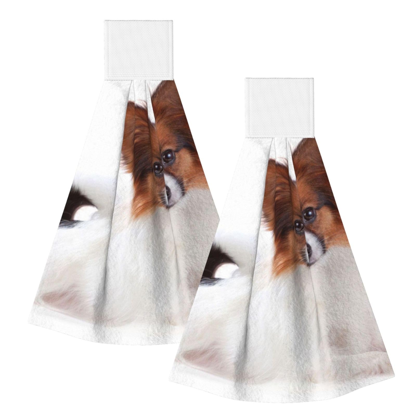 DOPKLNA Fluffy Papillon Dog, 2 Pcs Hanging Coral Fiber Hand Towels for Bathroom, Absorbent Kitchen Towels