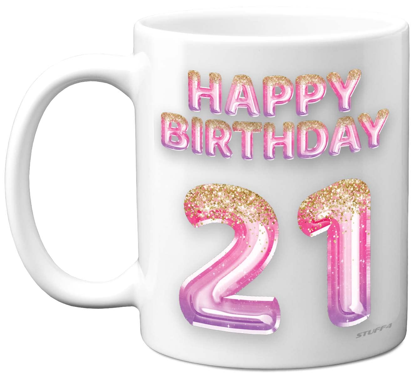 21st Birthday Gift for Women - Pink Purple Glitter Balloons - Happy Birthday Mug Present for 21 Year Old Daughter Sister Granddaughter Cousin Friend, 11oz Ceramic Dishwasher Safe Coffee Mugs Cup