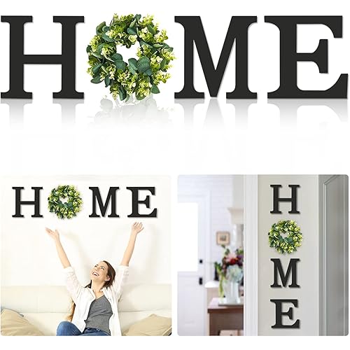 BITLIFUN 12in Home Sign Wall Hanging Wood Letters with Artificial Wreath for Wall Decor, 12in Rustic Wall Letters Home Decor，Farmhouse Wall Decor for Living Room,Bedroom, Kitchen,Doorway,Nail,Black+W2
